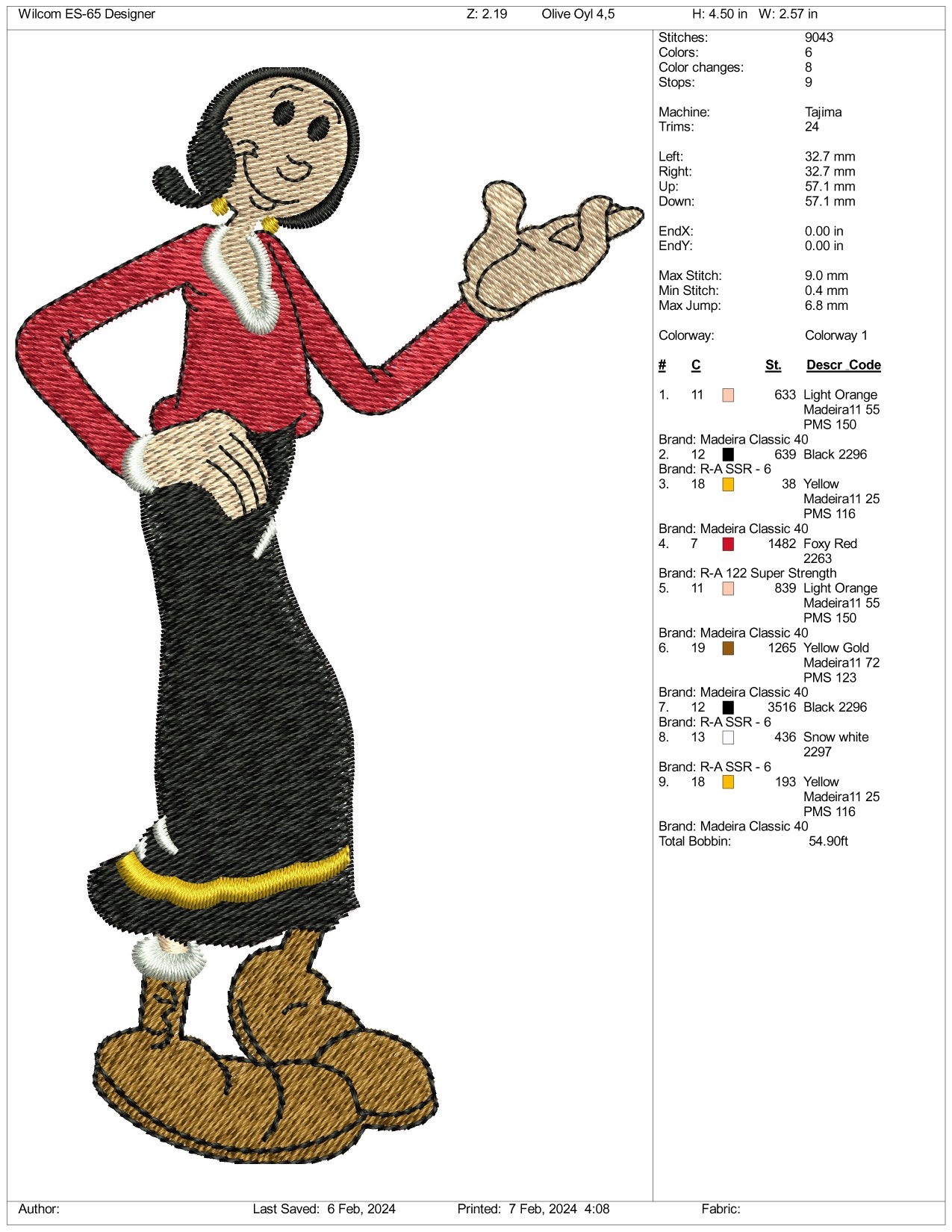 Olive Oyl Embroidery Design Files - 3 Size's