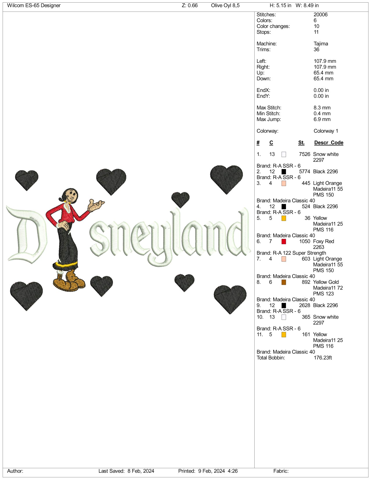 Olive Oyl Disneyland Embroidery Design Files - 3 Size's