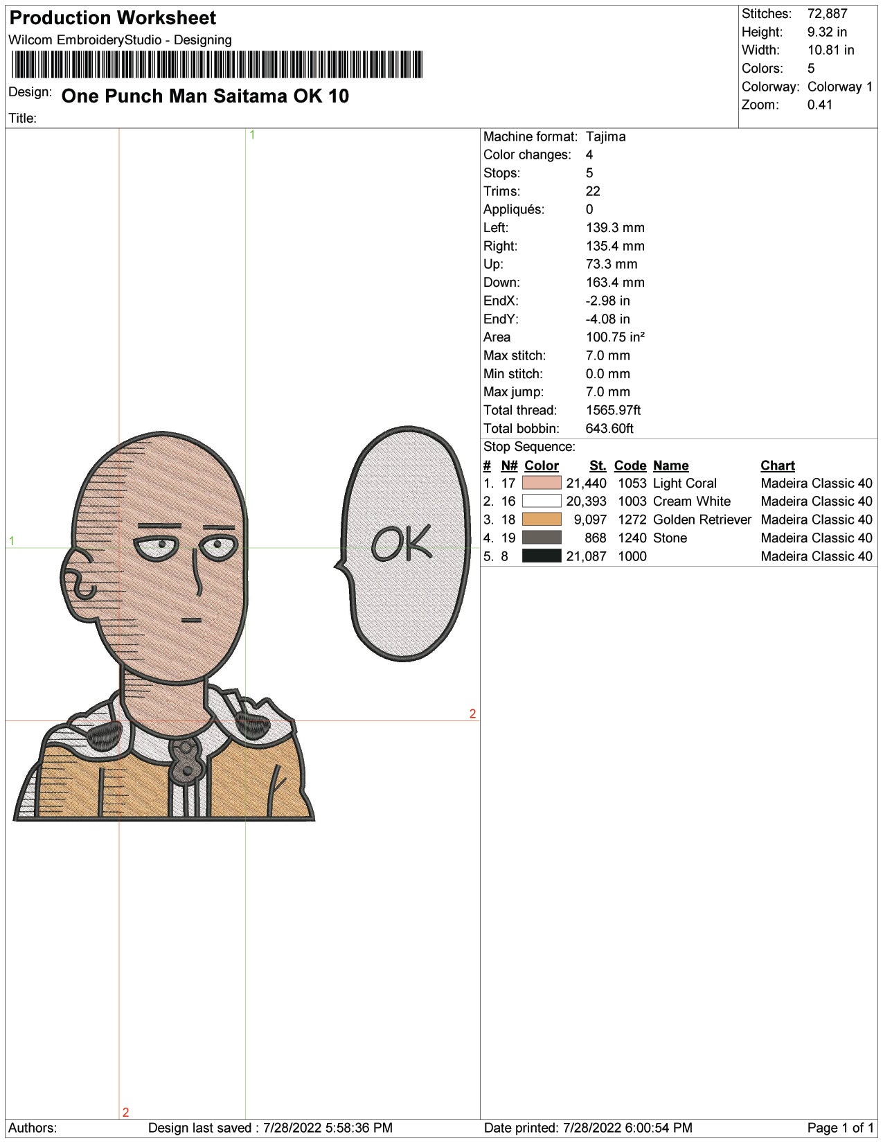 Saitama Embroidery Design Files - 6 Size's