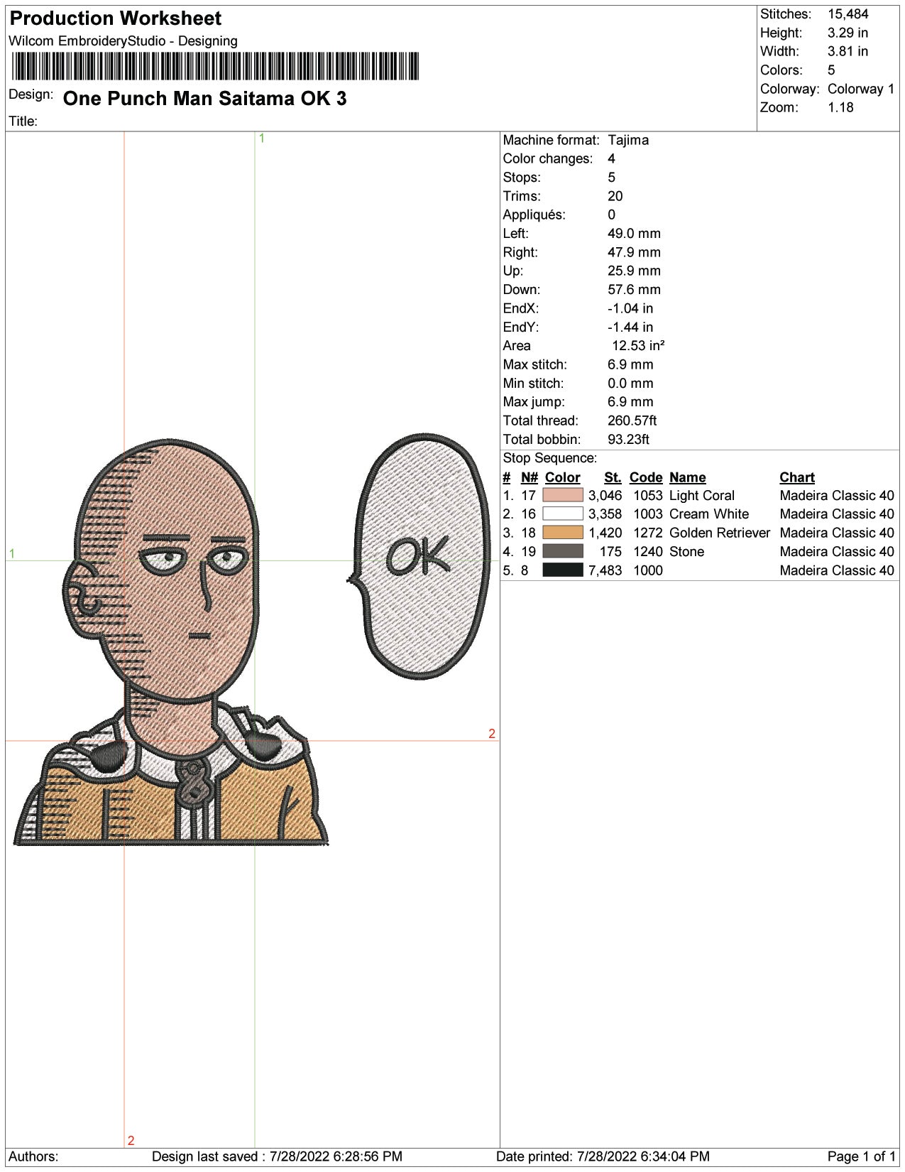 Saitama Embroidery Design Files - 6 Size's