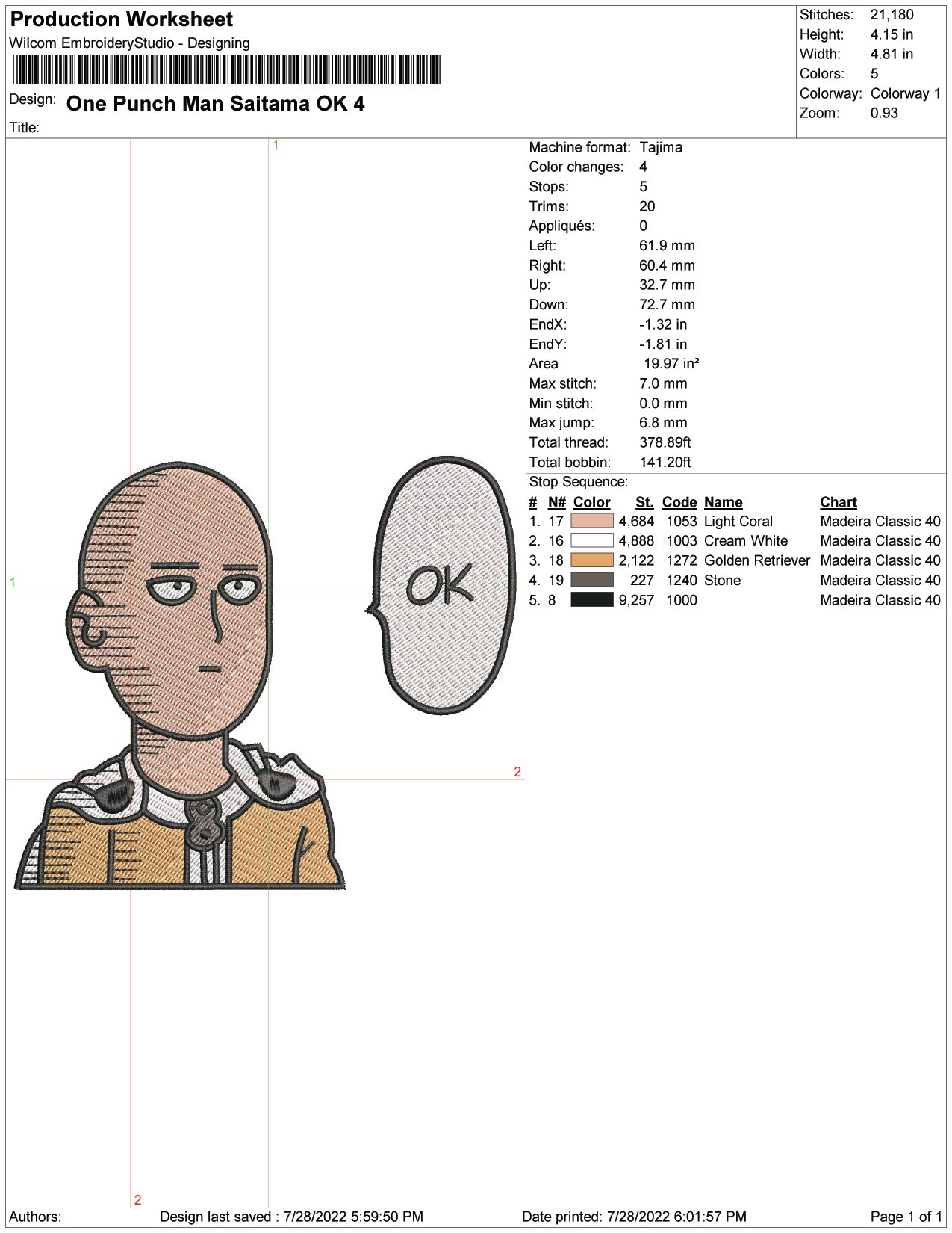Saitama Embroidery Design Files - 6 Size's