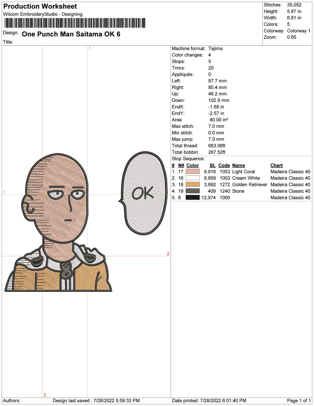 Saitama Embroidery Design Files - 6 Size's
