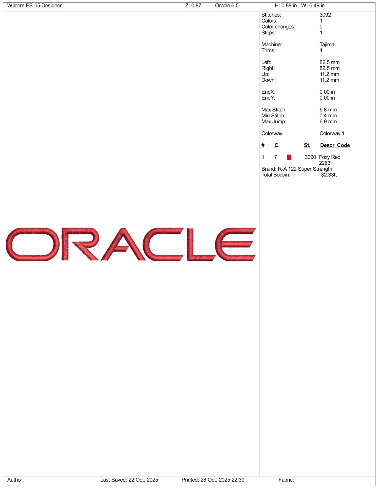 Oracle Logo Embroidery Design Files - 5 Size's