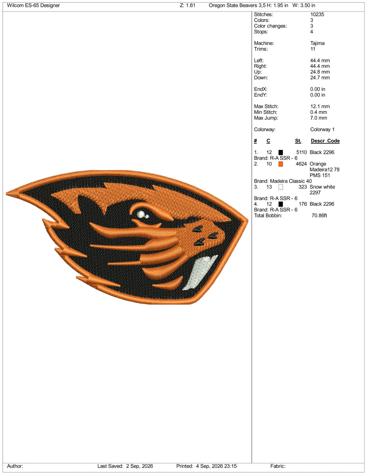Oregon State Beavers Logo Embroidery Design Files - 3 Size's