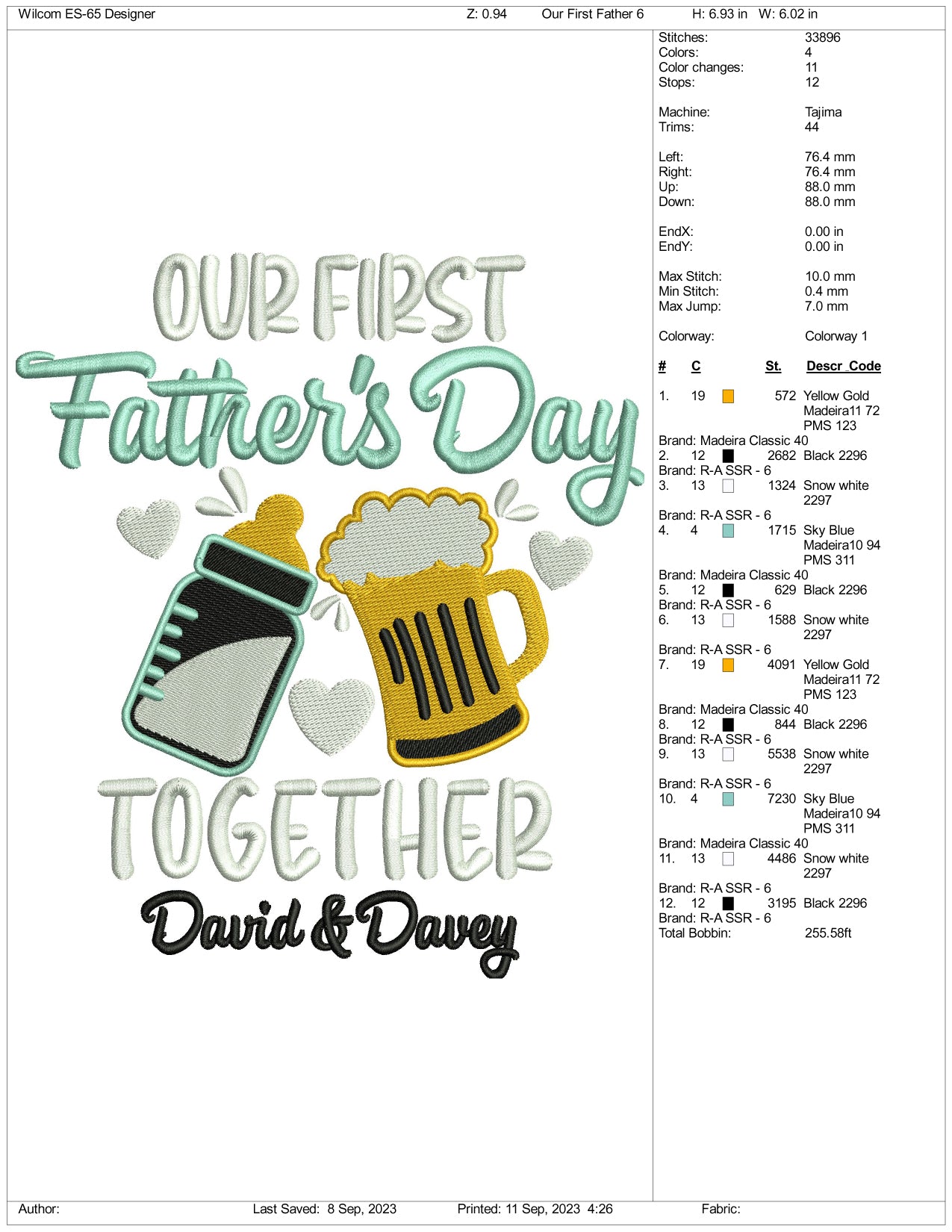 Our First Fathers Day Embroidery Design Files - 3 Size's