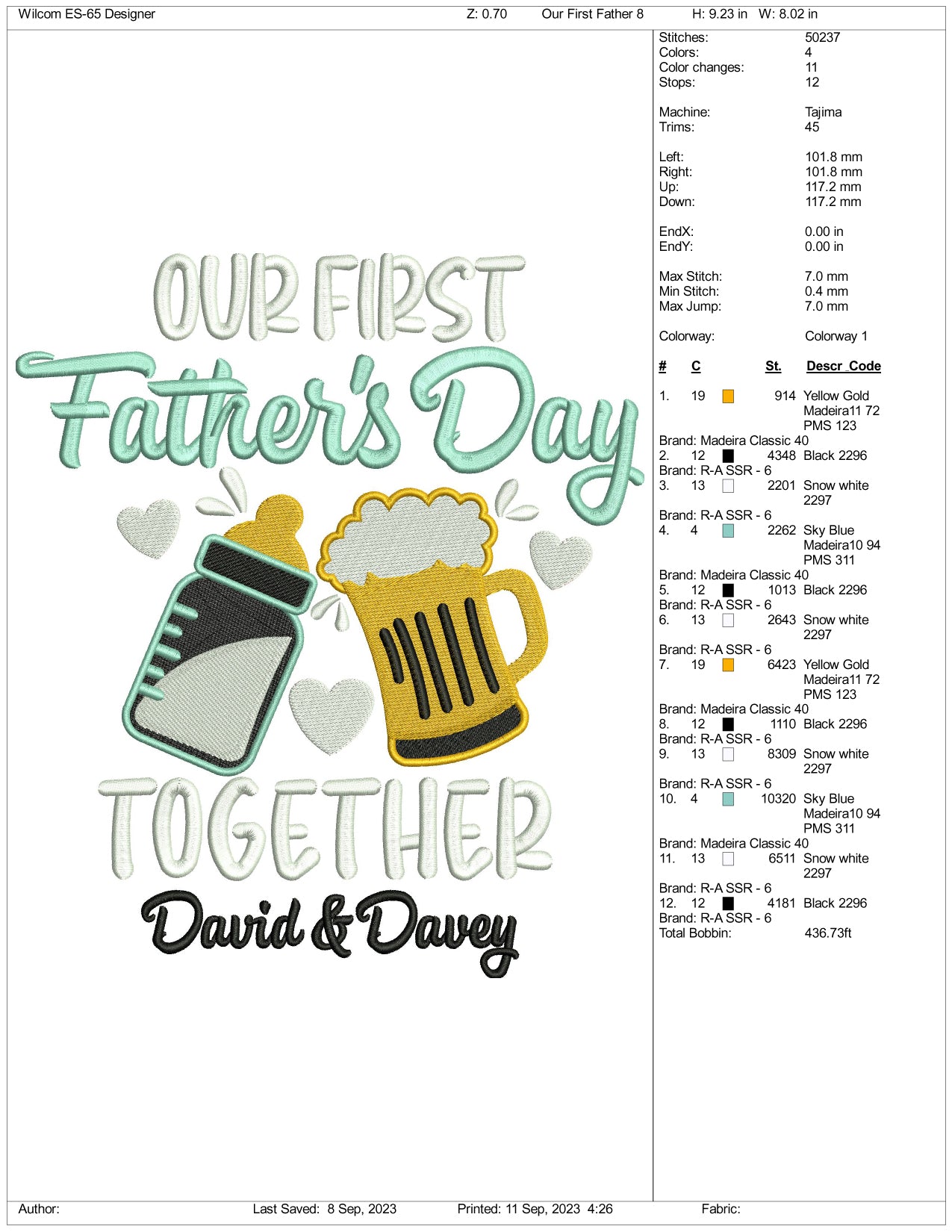 Our First Fathers Day Embroidery Design Files - 3 Size's