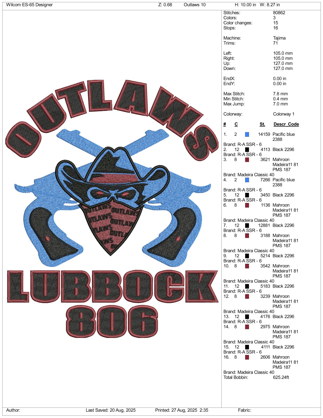 Outlaws Lubbock 806 Embroidery Design Files - 3 Size's