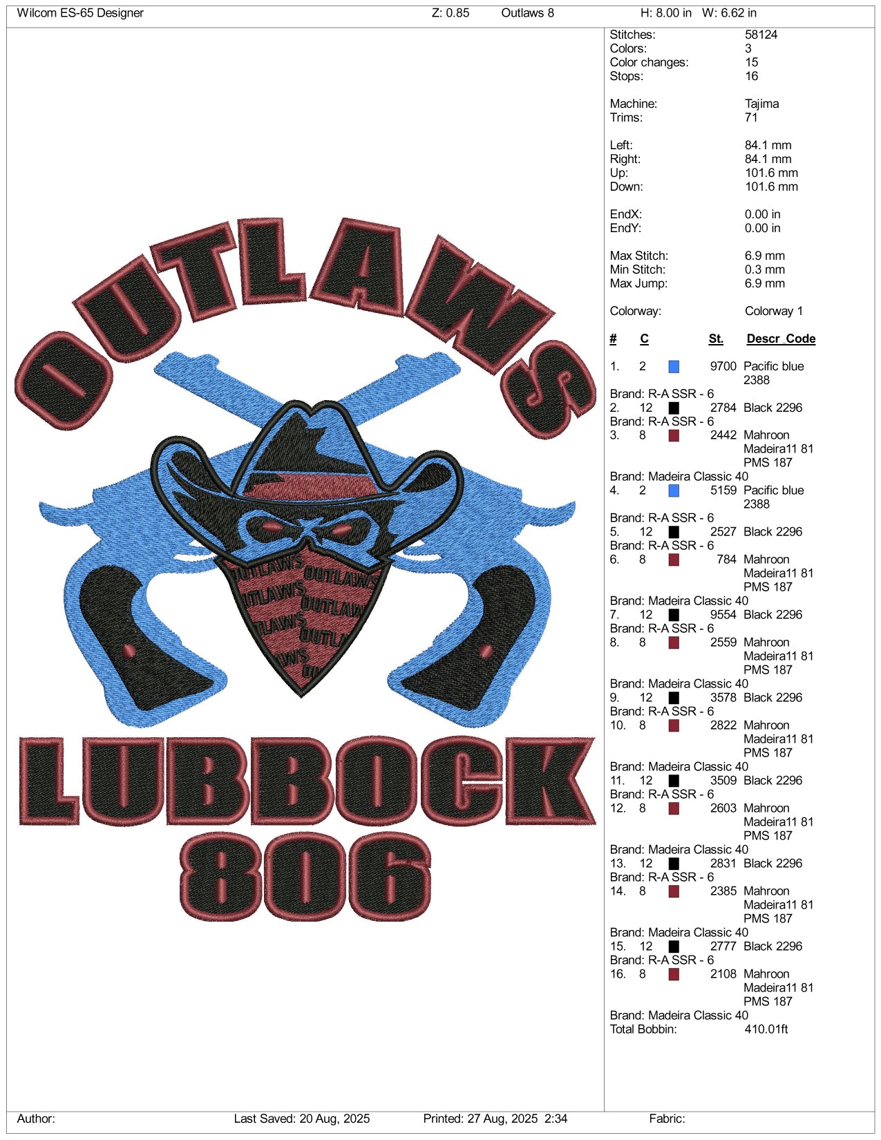 Outlaws Lubbock 806 Embroidery Design Files - 3 Size's