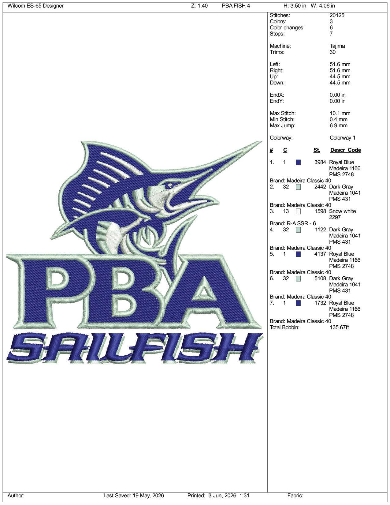 PBA Sailfish Logo Embroidery Design Files - 3 Size's
