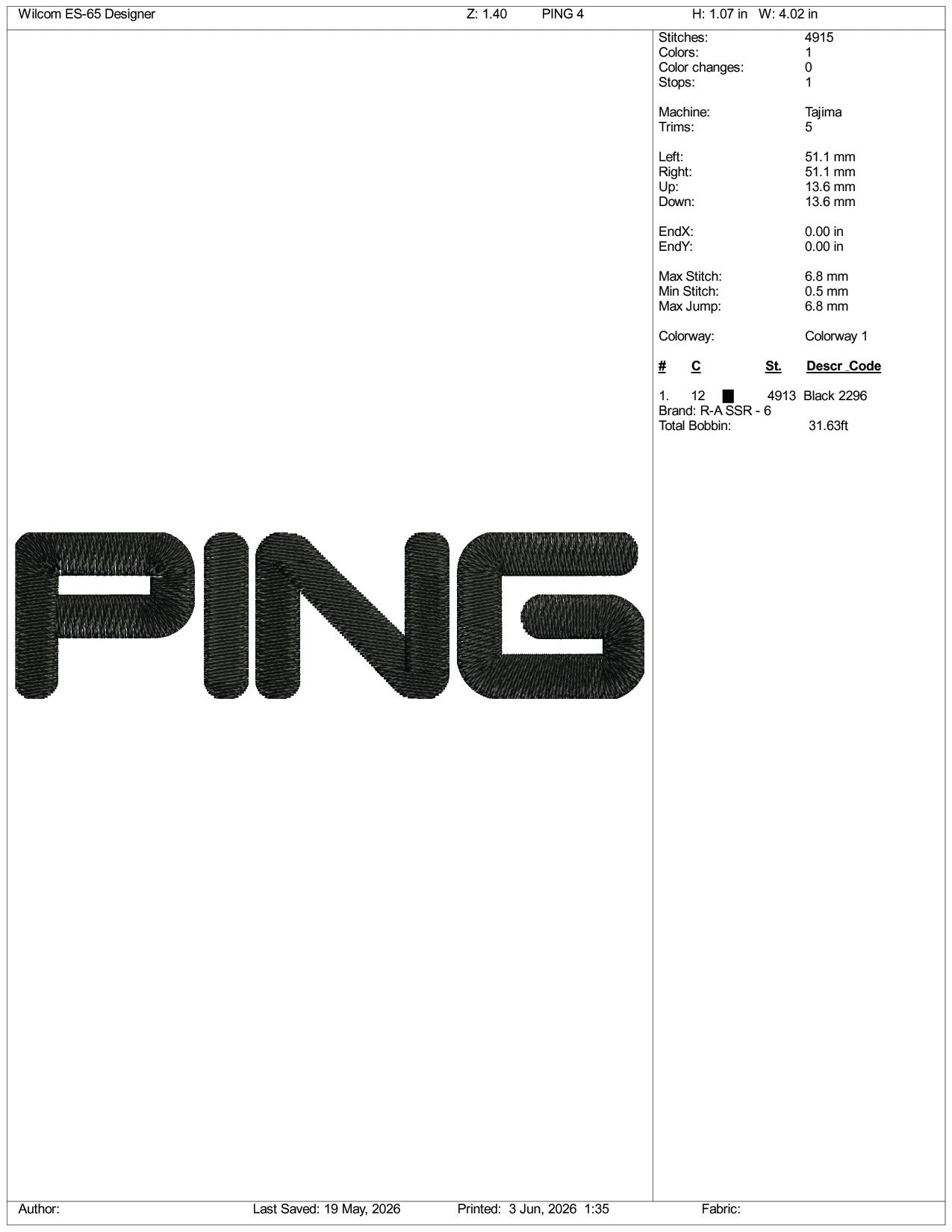 Ping Logo Embroidery Design Files - 3 Size's