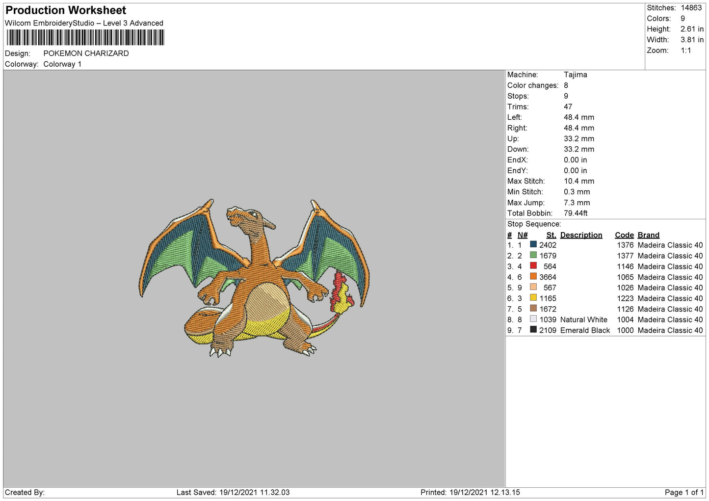 Charizard Pokemon v3 Embroidery Design Files - 4 Size's