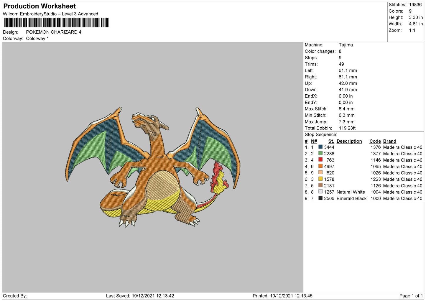 Charizard Pokemon v3 Embroidery Design Files - 4 Size's