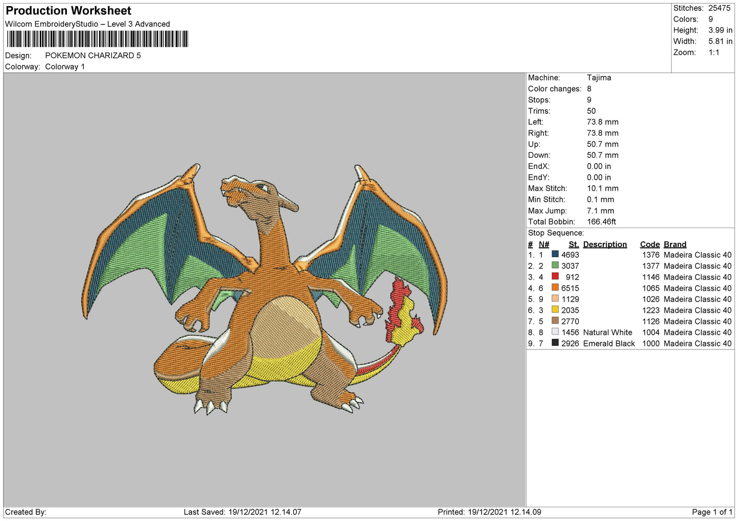 Charizard Pokemon v3 Embroidery Design Files - 4 Size's