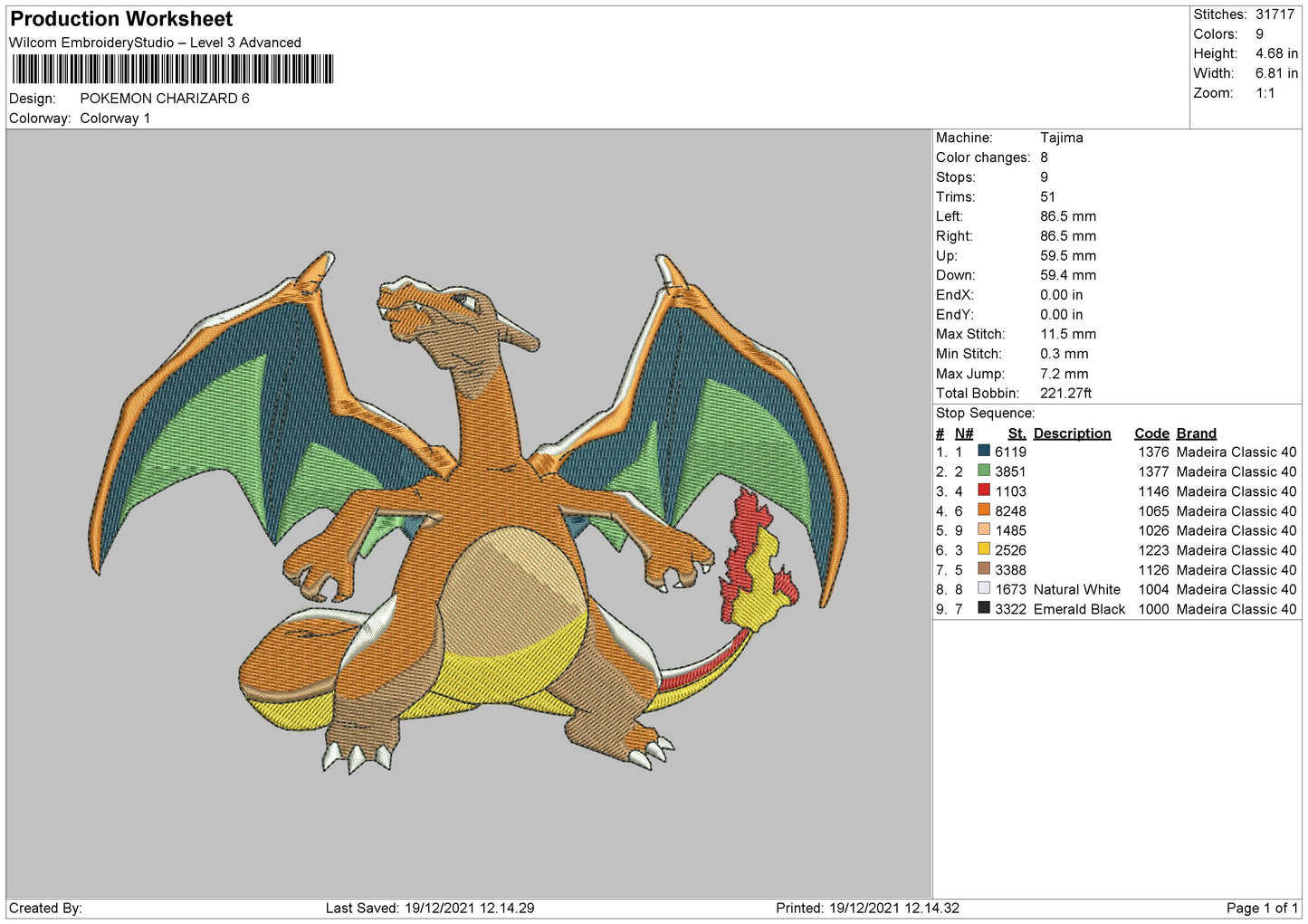 Charizard Pokemon v3 Embroidery Design Files - 4 Size's