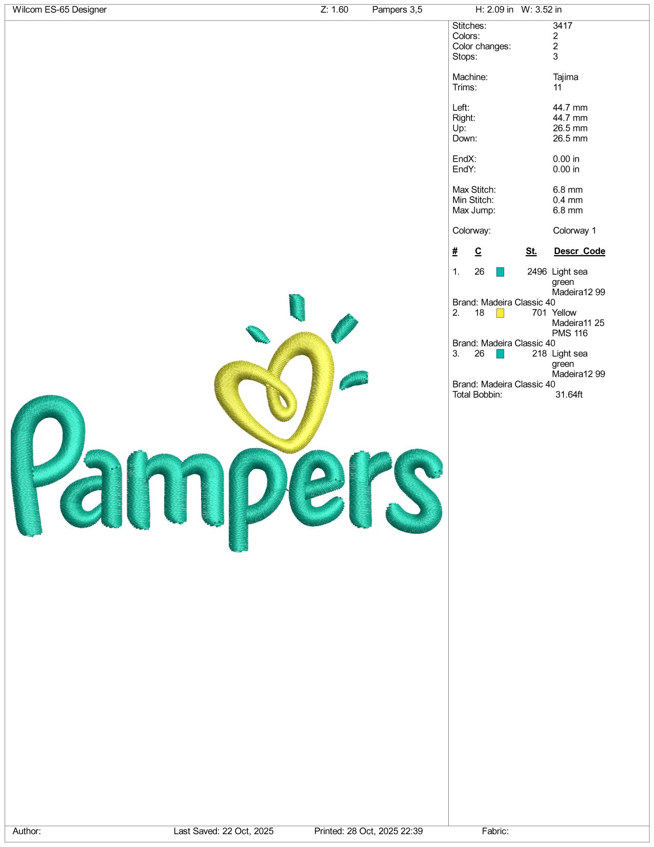 Pampers Logo Embroidery Design Files - 4 Size's