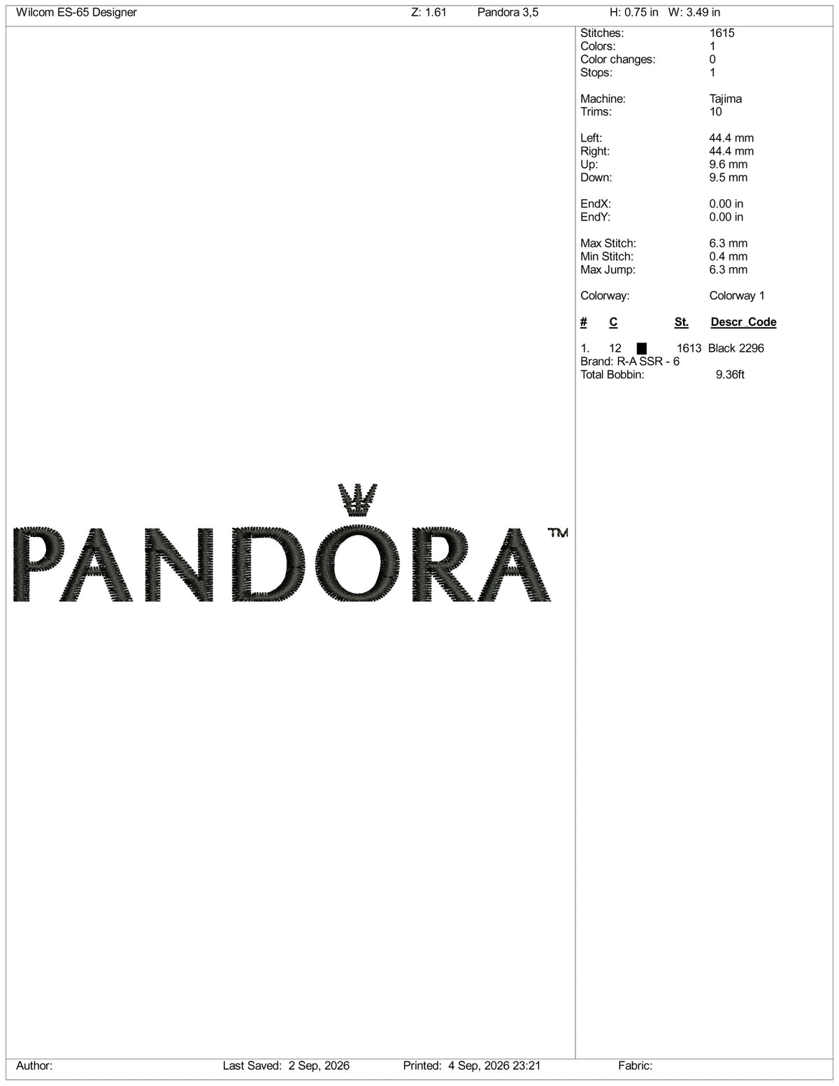 Pandora Logo Embroidery Design Files - 3 Size's