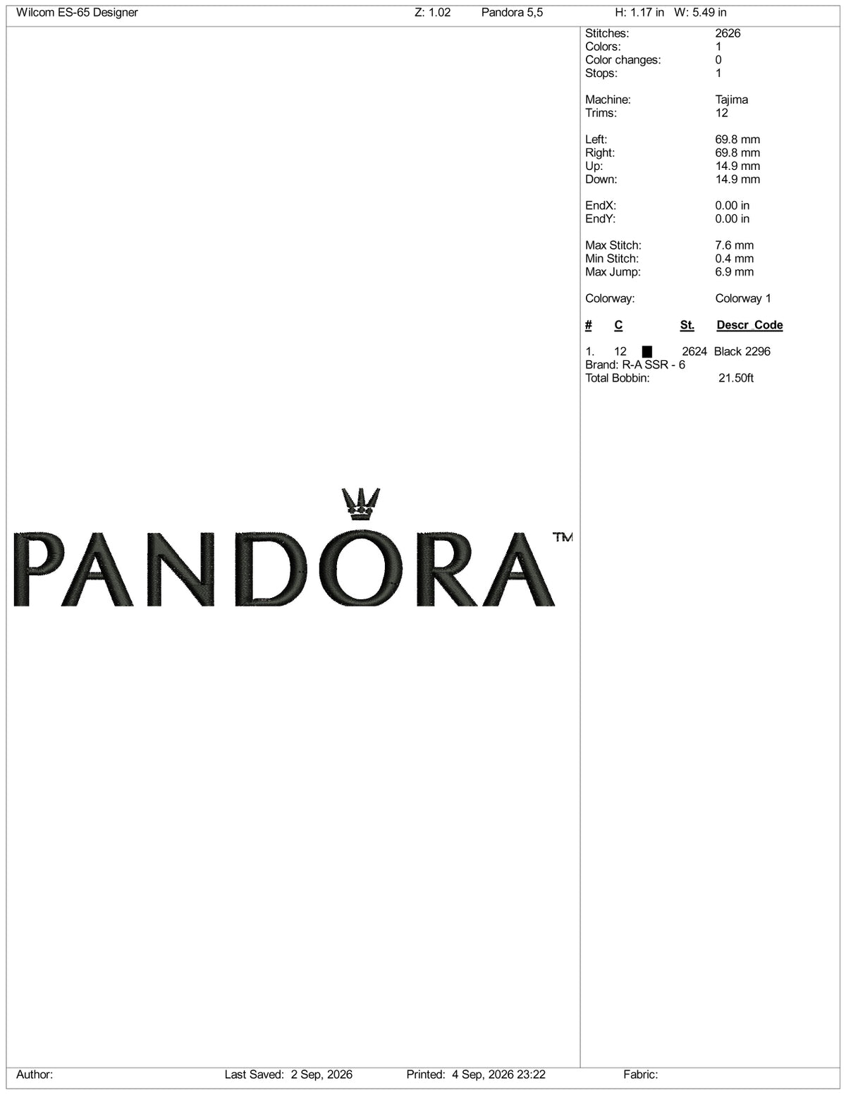 Pandora Logo Embroidery Design Files - 3 Size's