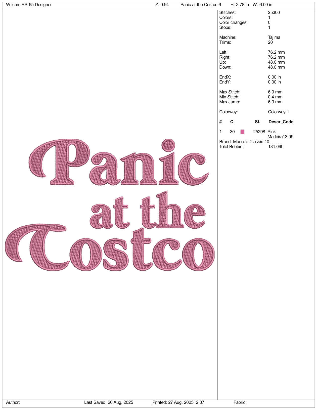 Panic at The Costco Embroidery Design Files - 3 Size's