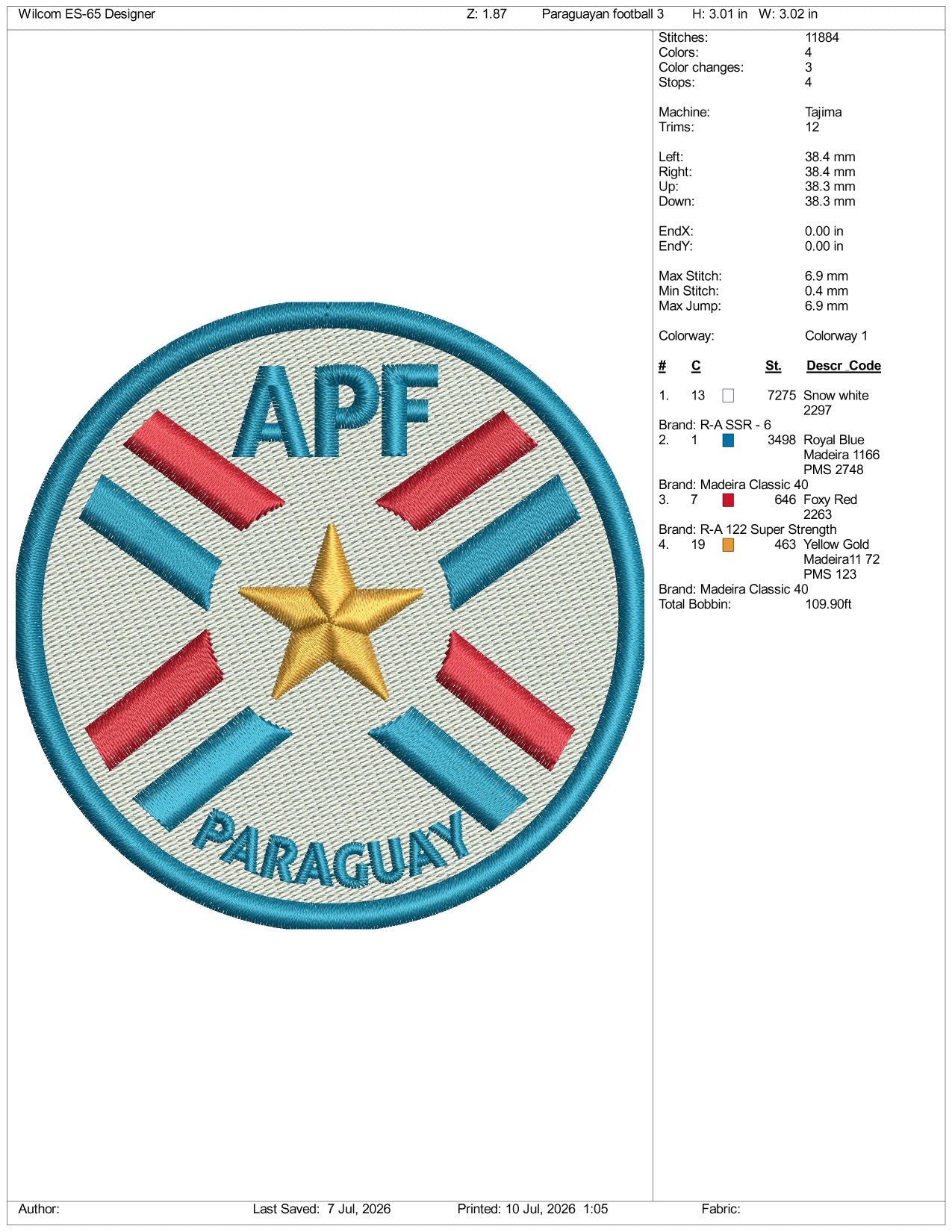 Paraguayan Football Logo Embroidery Design Files - 3 Size's