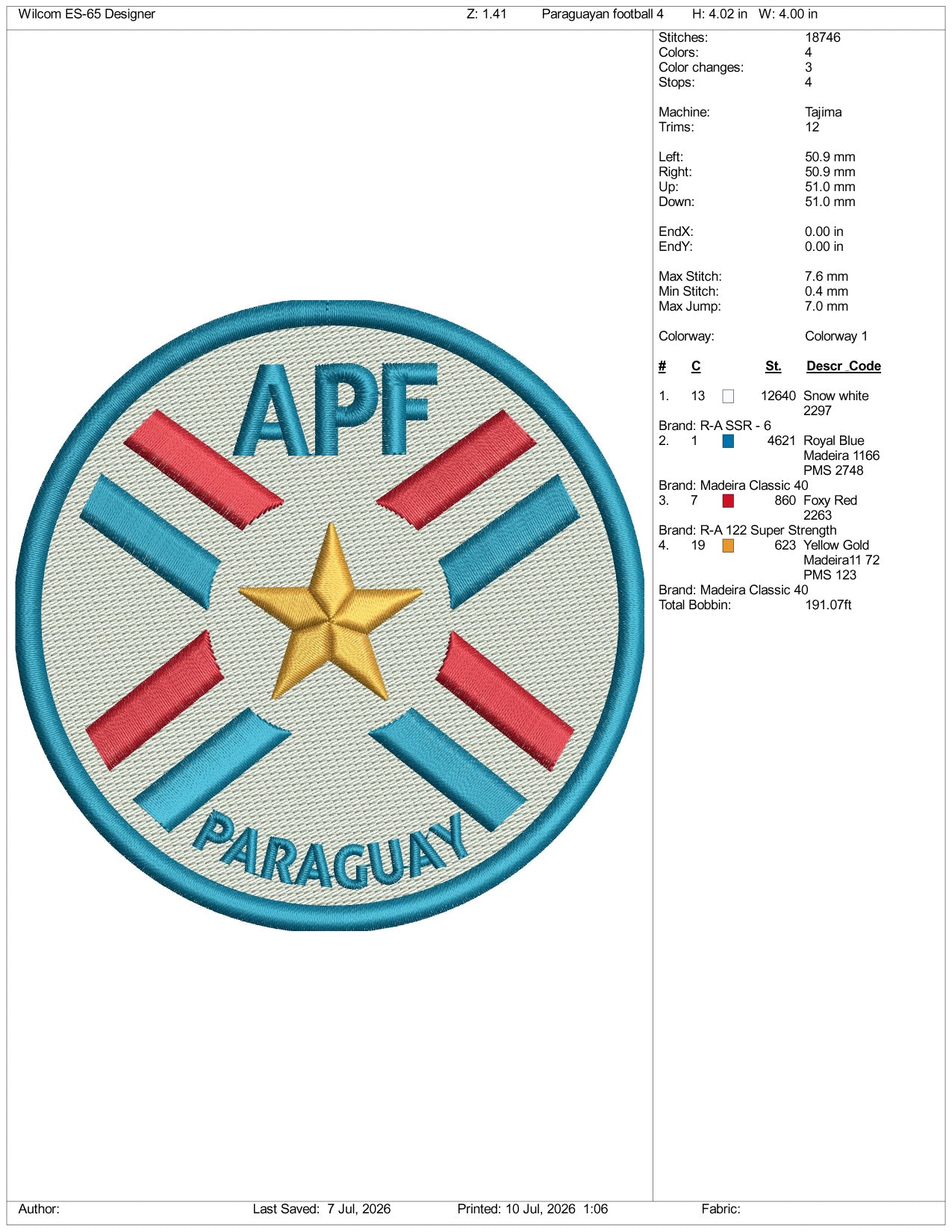 Paraguayan Football Logo Embroidery Design Files - 3 Size's