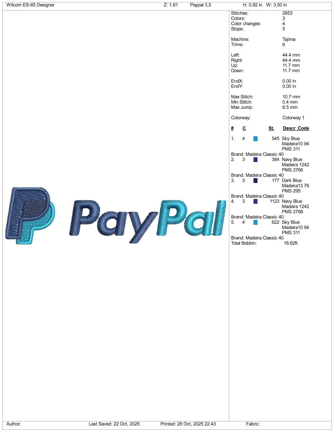 PayPal Logo Embroidery Design Files - 5 Size's