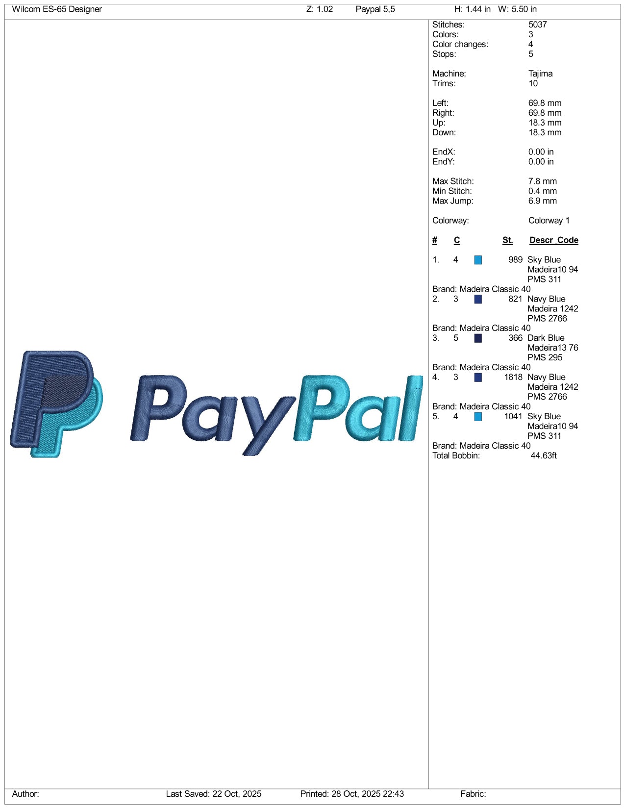 PayPal Logo Embroidery Design Files - 5 Size's