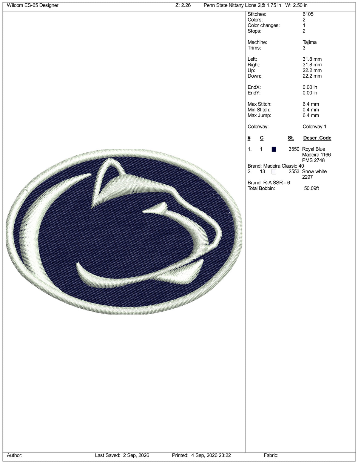 Penn State Nittany Lions Logo Embroidery Design Files - 3 Size's
