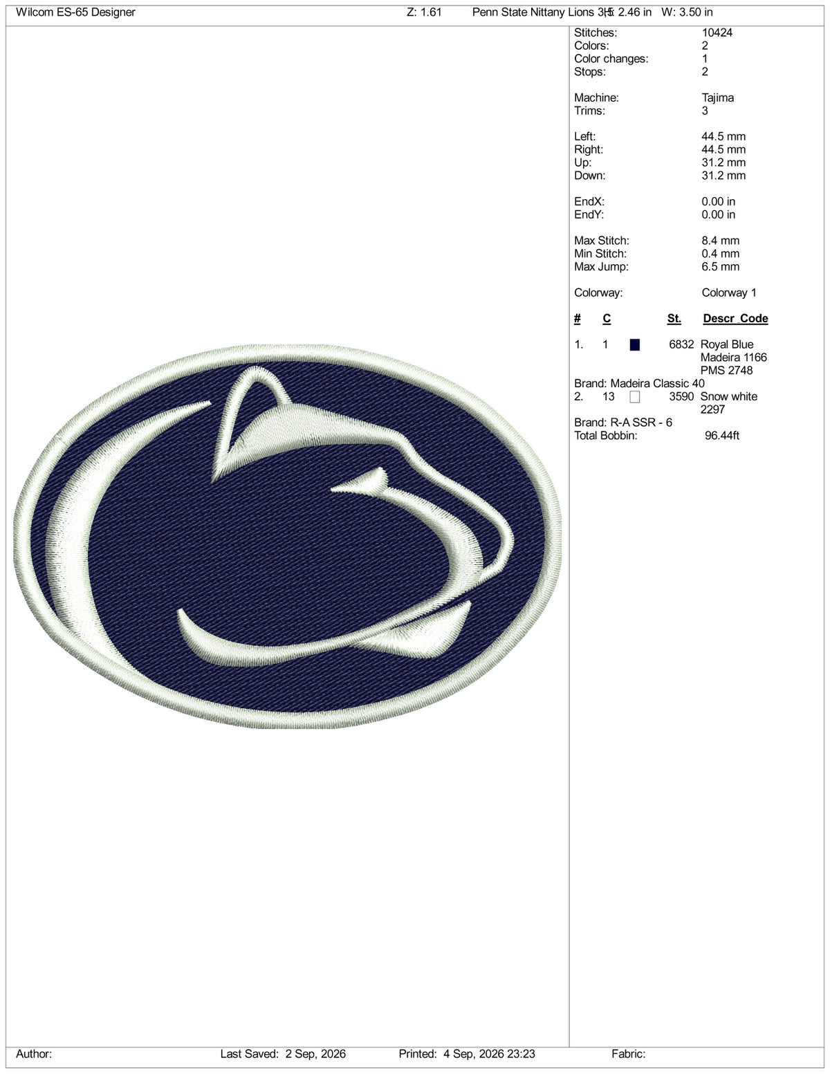 Penn State Nittany Lions Logo Embroidery Design Files - 3 Size's