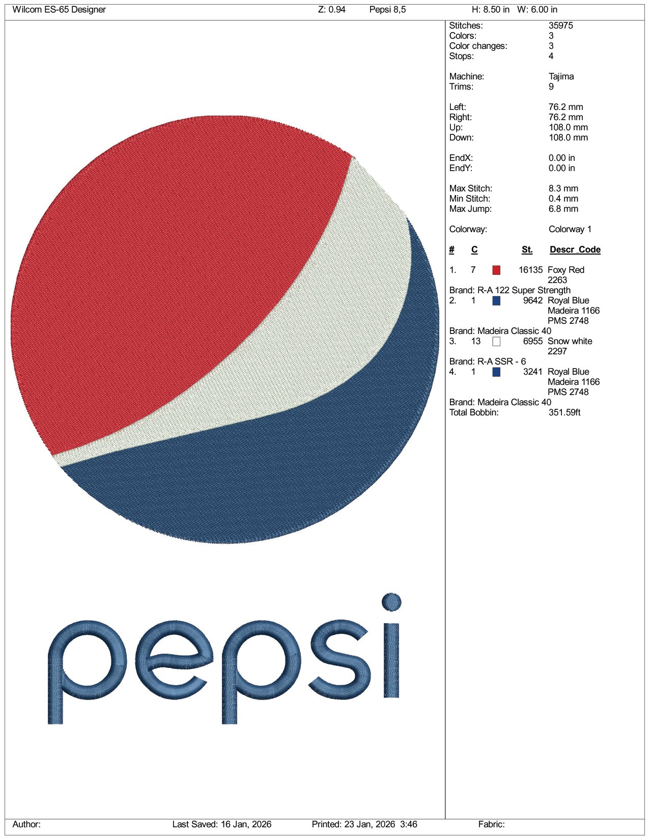 Pepsi Logo v3 Embroidery Design Files - 6 Size's