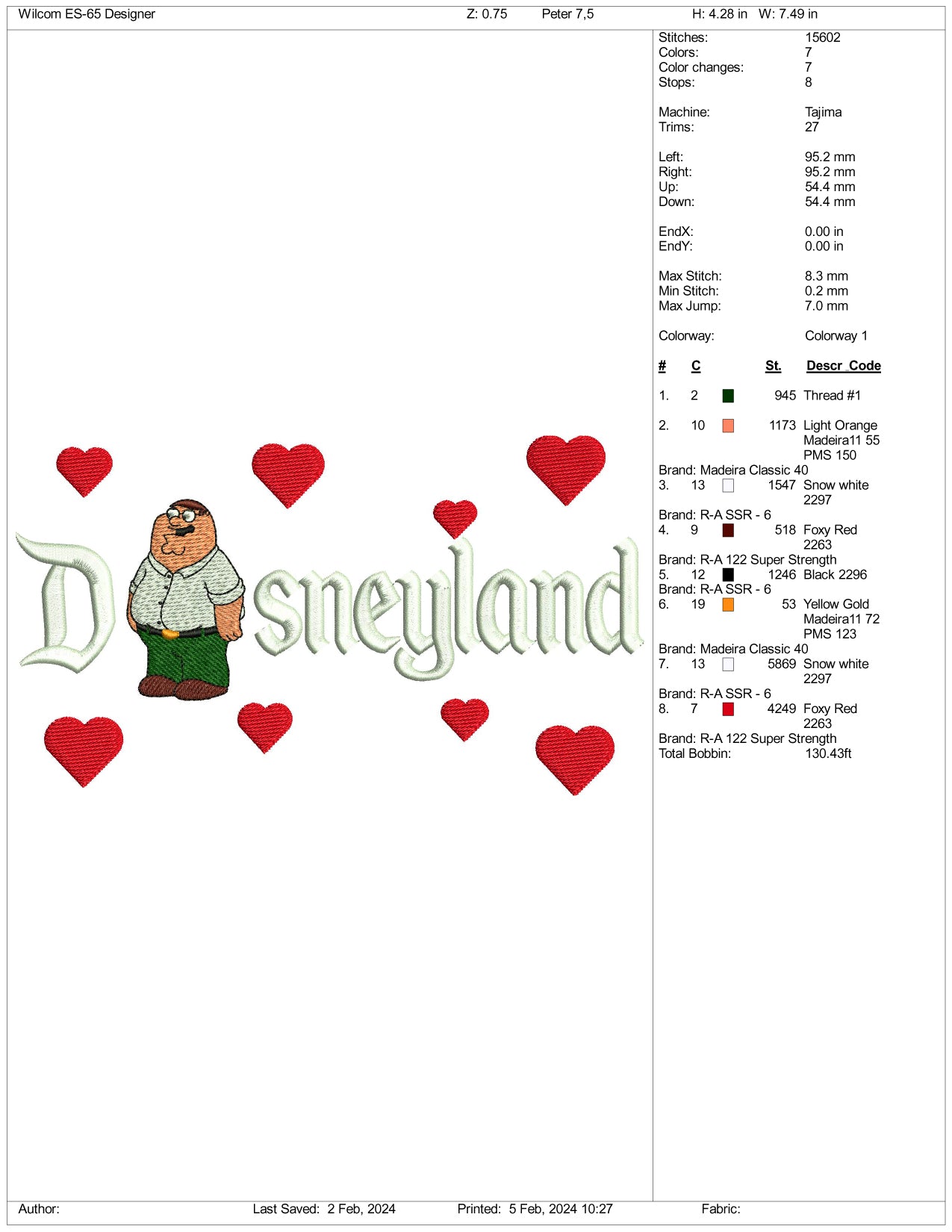 Peter Griffin Disneyland Embroidery Design Files - 3 Size's