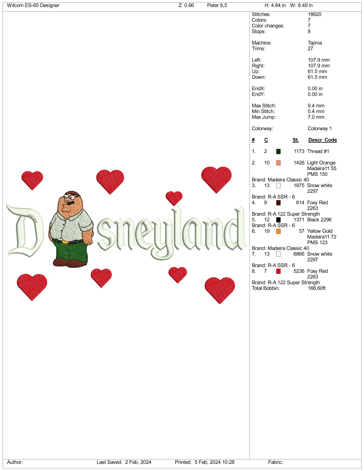 Peter Griffin Disneyland Embroidery Design Files - 3 Size's