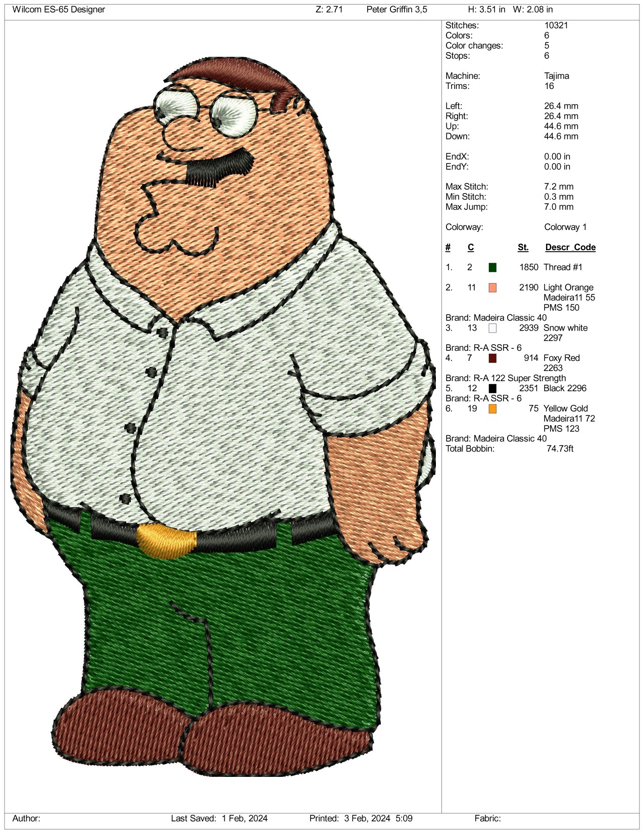 Peter Griffin Embroidery Design Files - 3 Size's