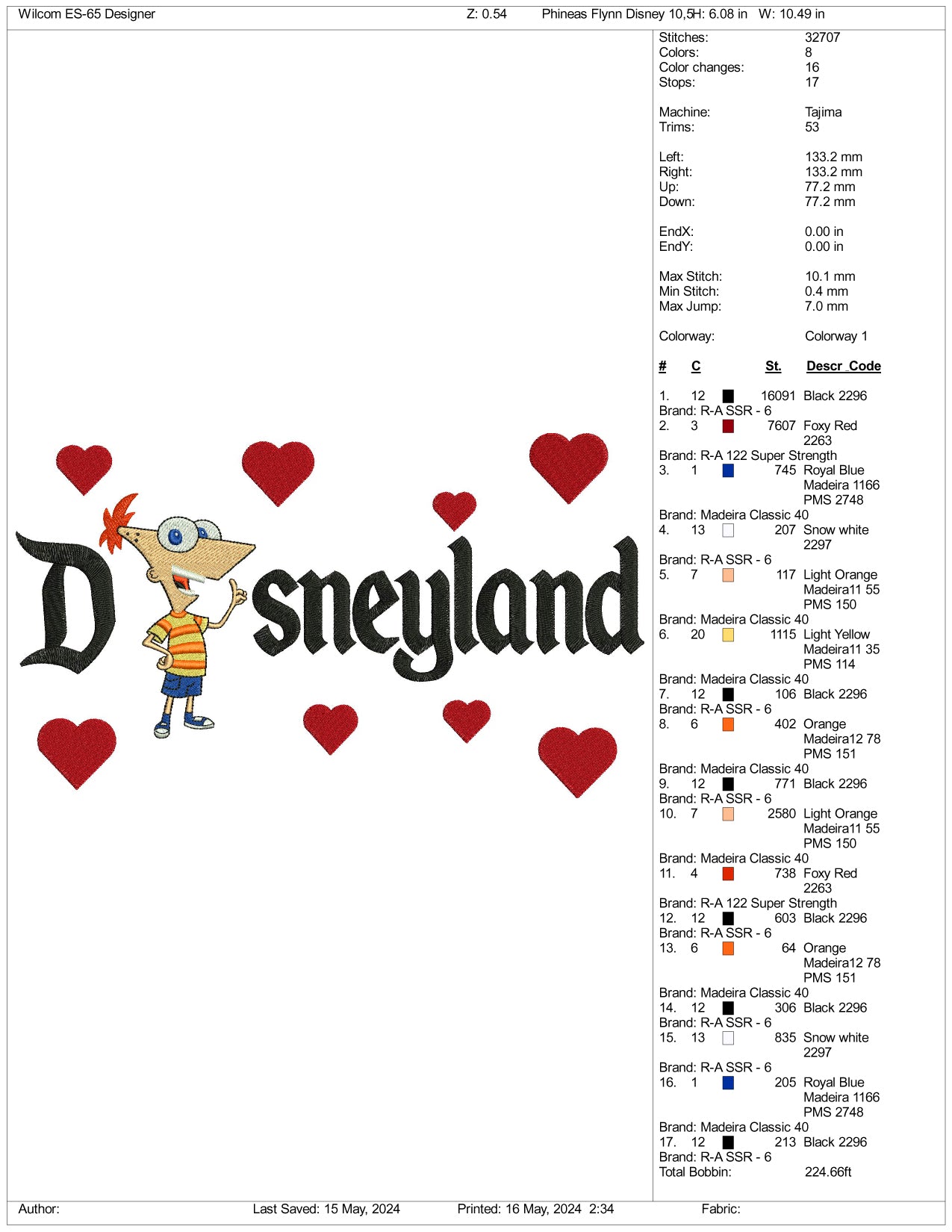 Phineas Flynn Disneyland Embroidery Design Files - 3 Sizes