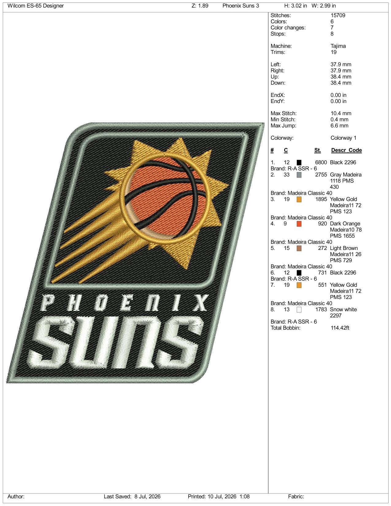 Phoenix Suns Logo Embroidery Design Files - 3 Size's