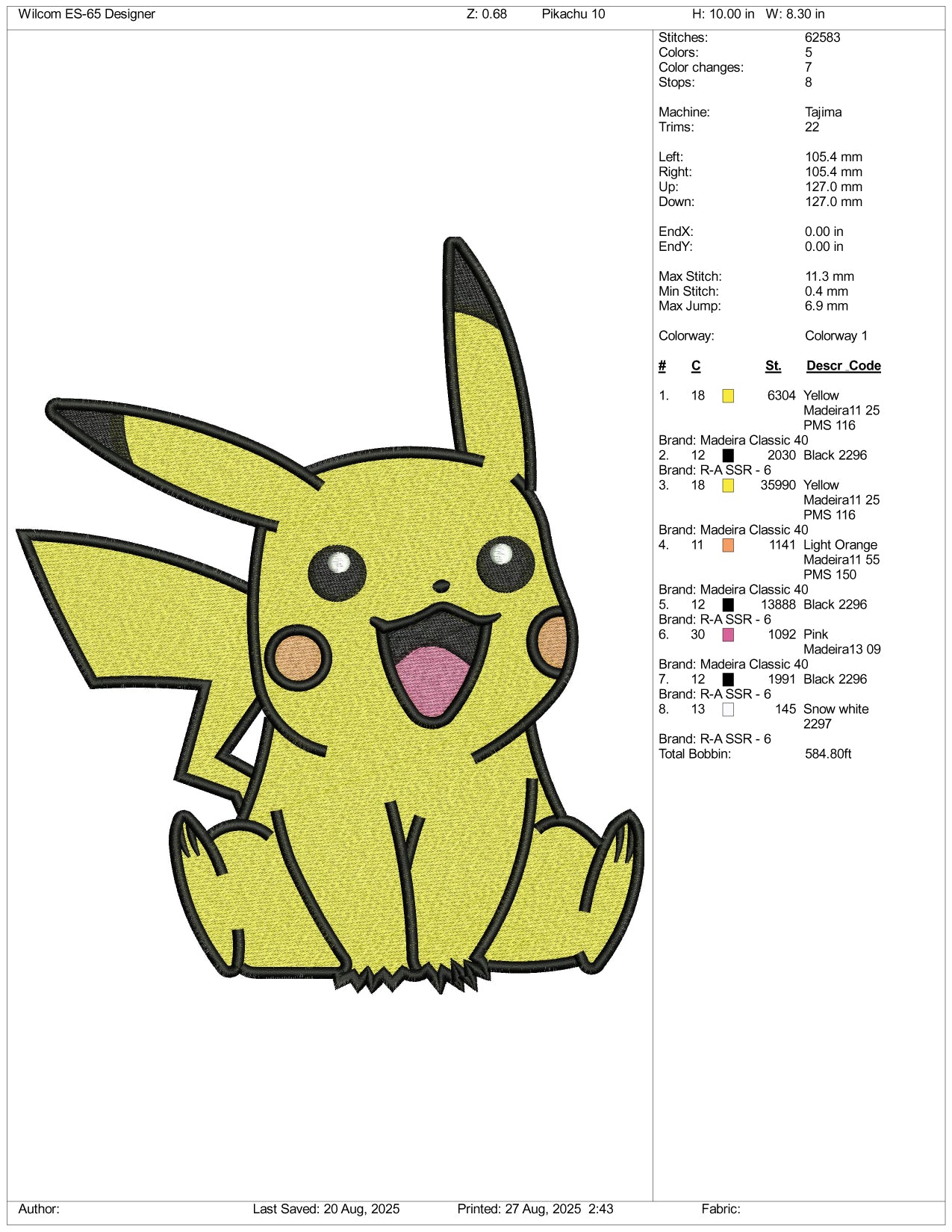 Pikachu Embroidery Design Files - 3 Size's