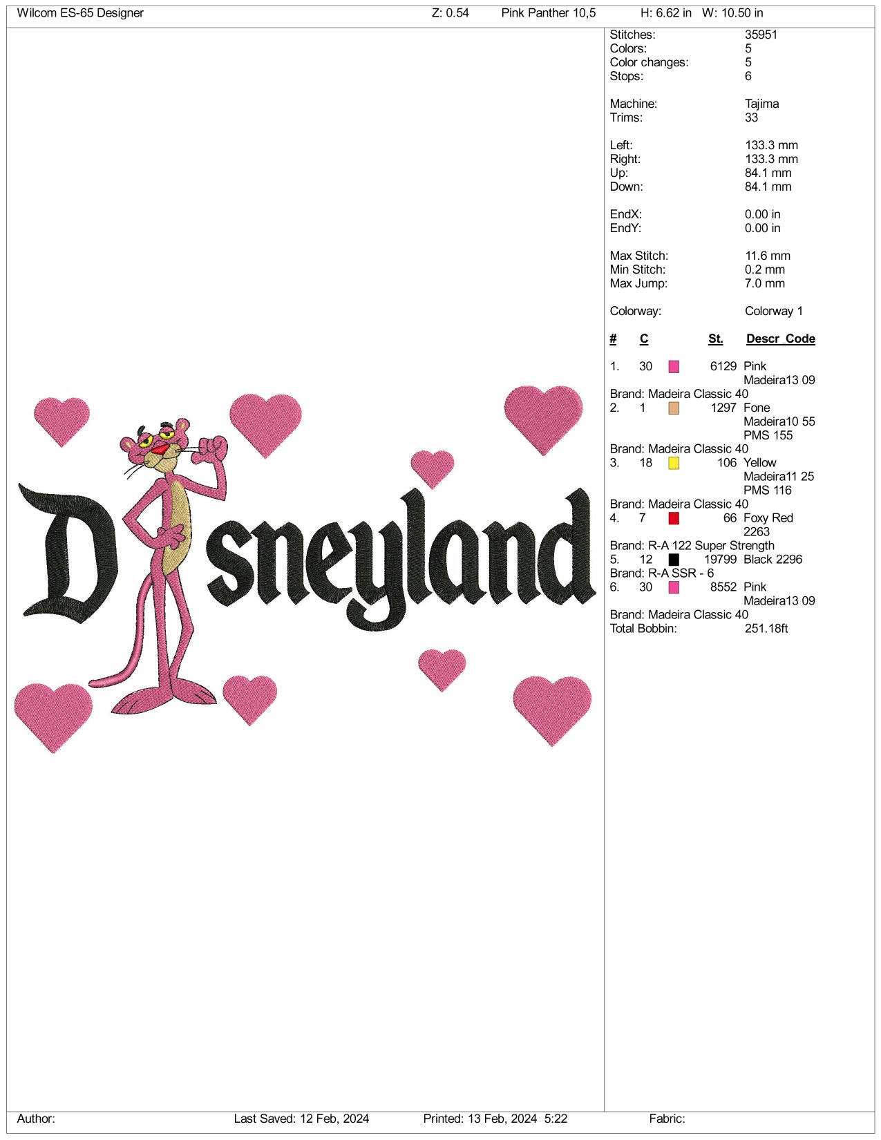 Pink Panther Disneyland Embroidery Design Files - 3 Size's