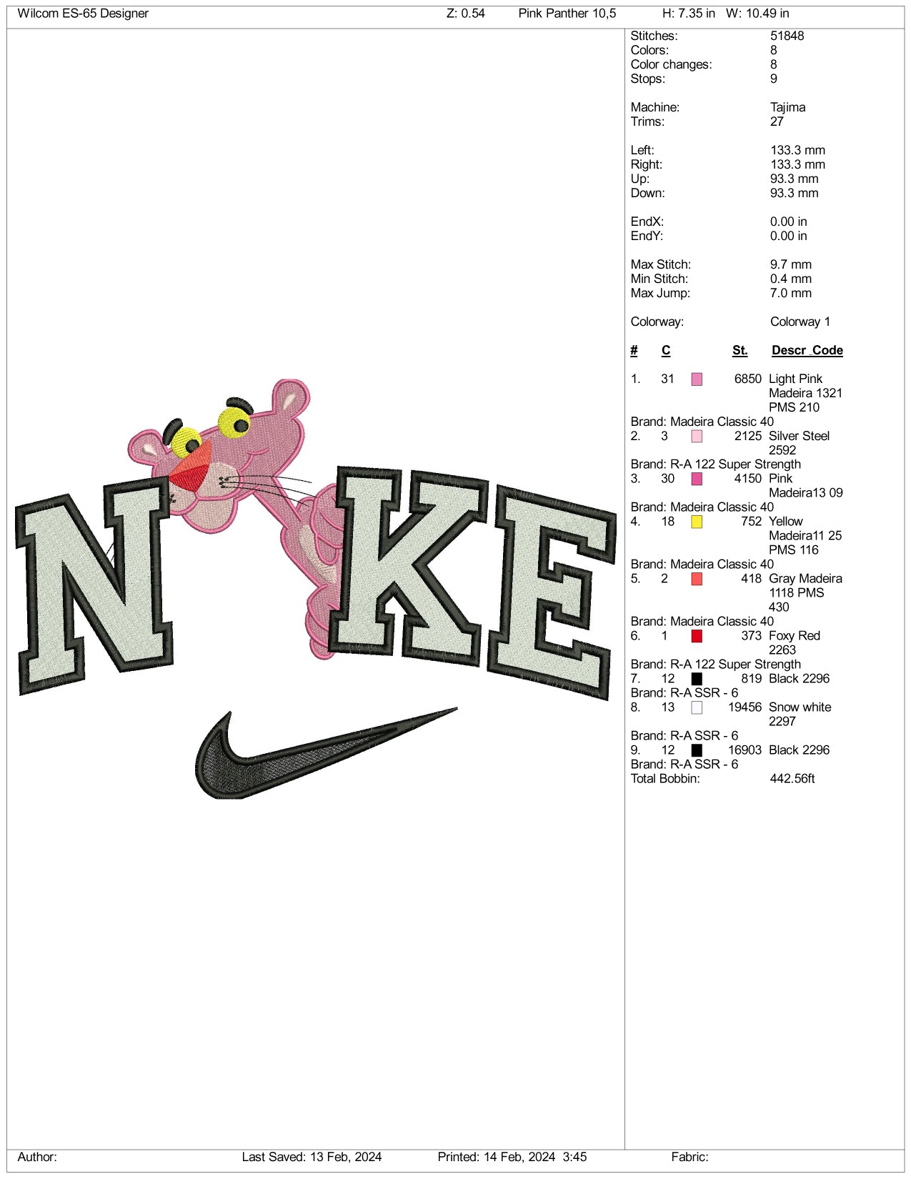 Nike Pink Panther Embroidery Design Files - 3 Size's