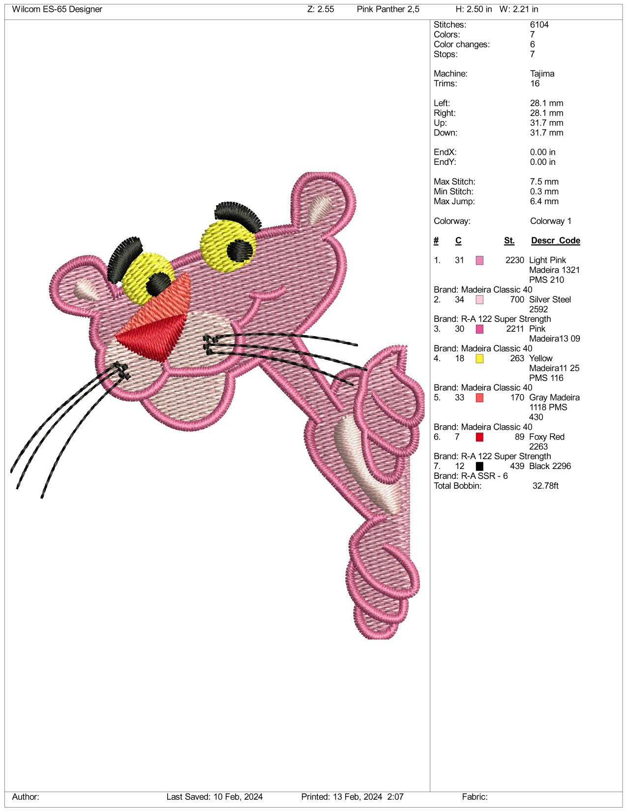 Pink Panther Embroidery Design Files - 3 Size's