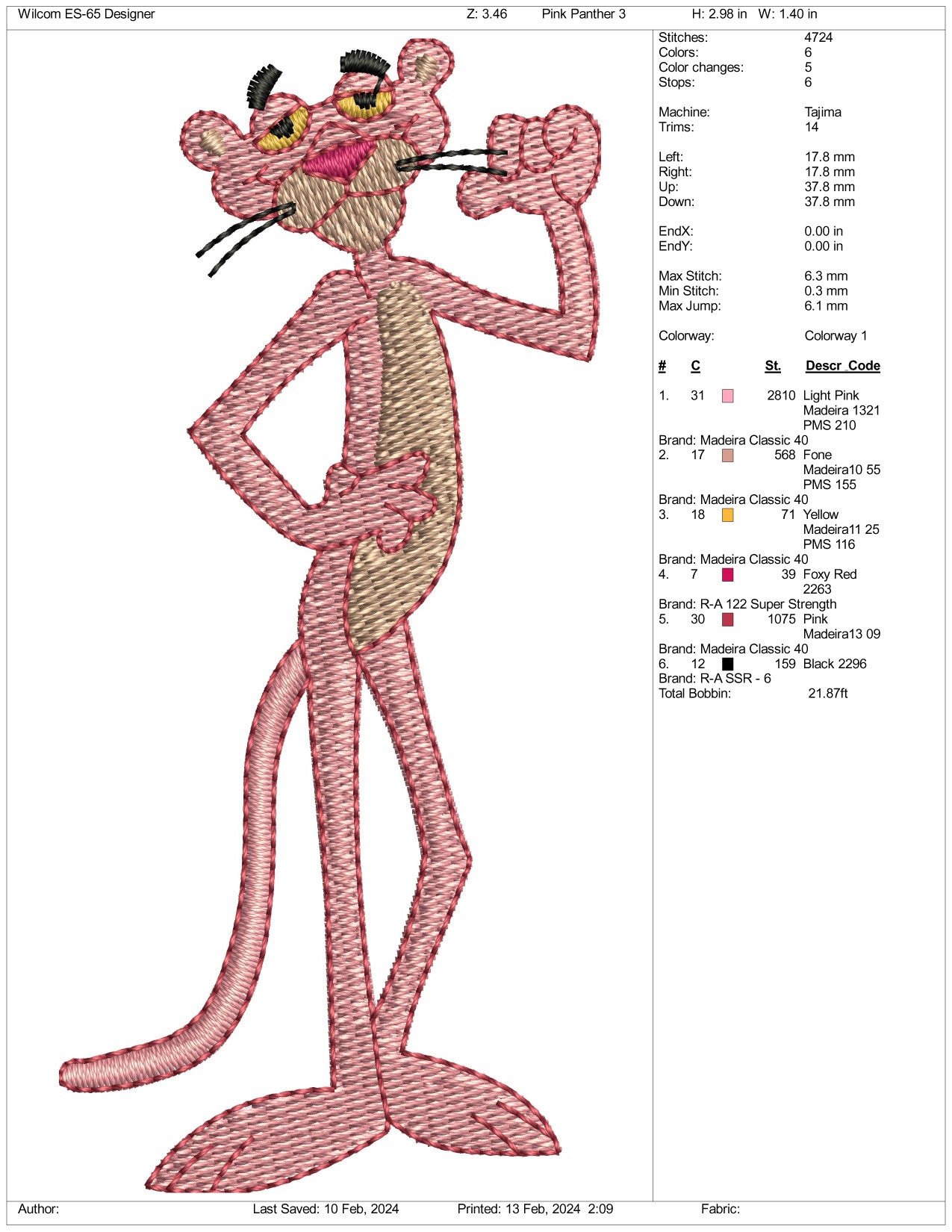 Pink Panther v2 Embroidery Design Files - 3 Size's