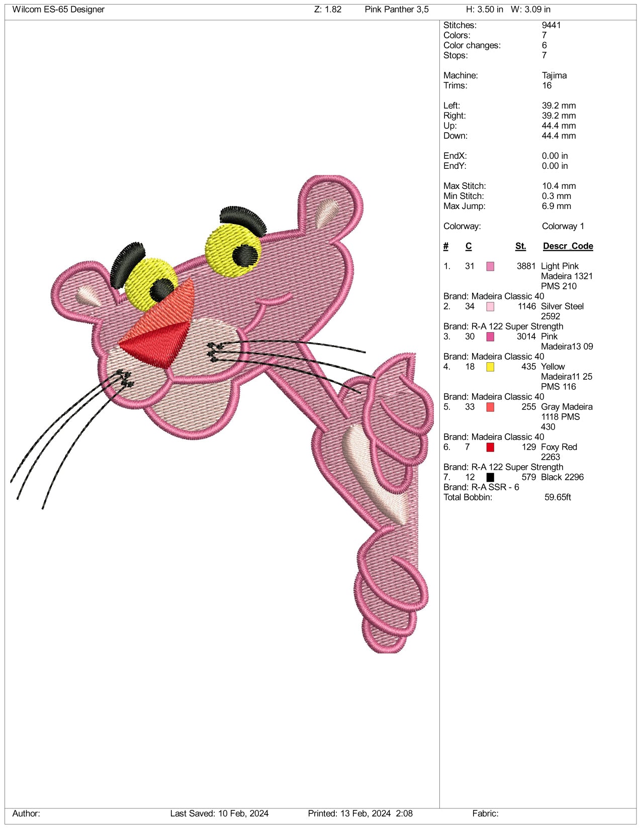 Pink Panther Embroidery Design Files - 3 Size's