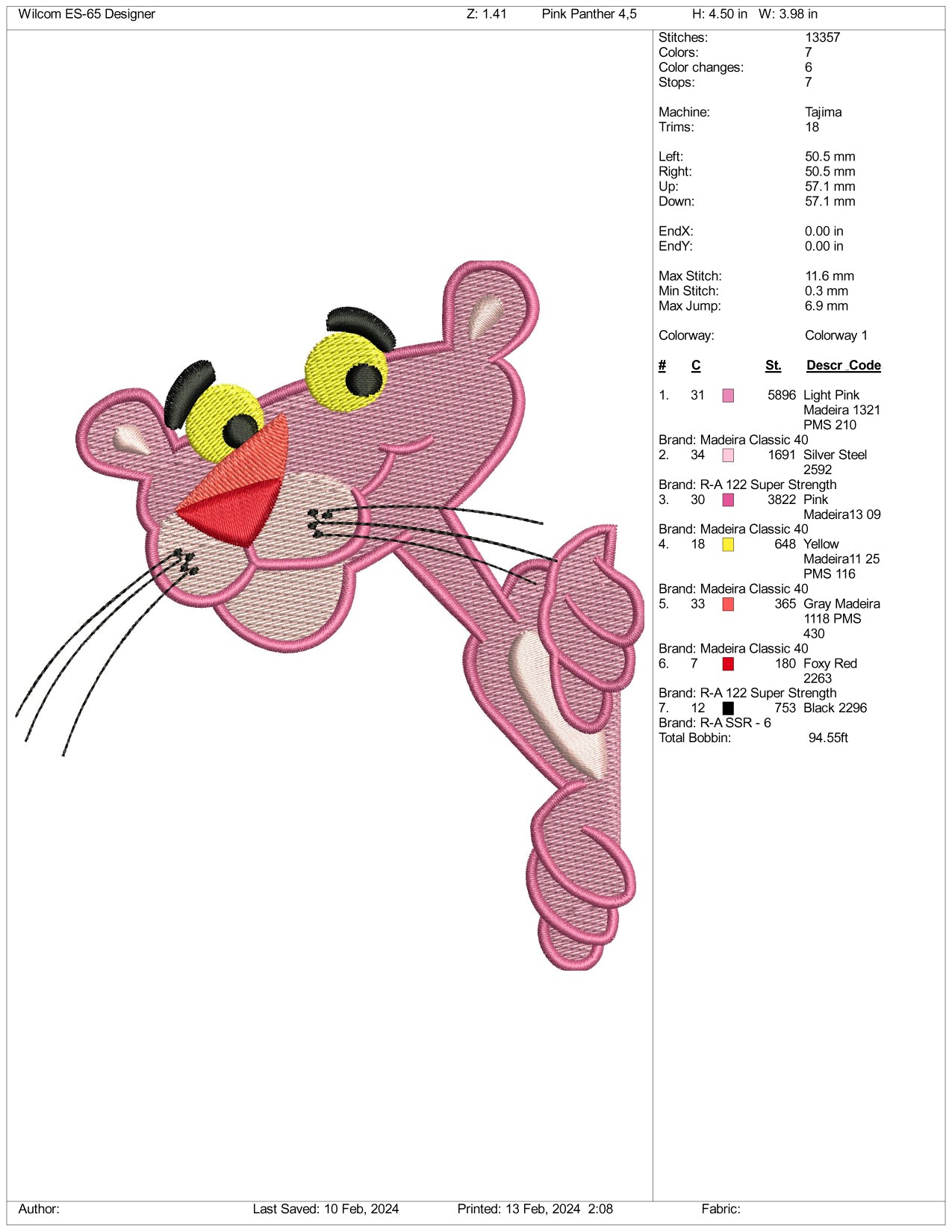 Pink Panther Embroidery Design Files - 3 Size's