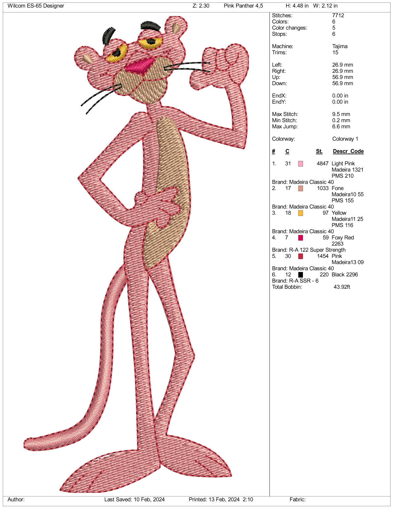 Pink Panther v2 Embroidery Design Files - 3 Size's