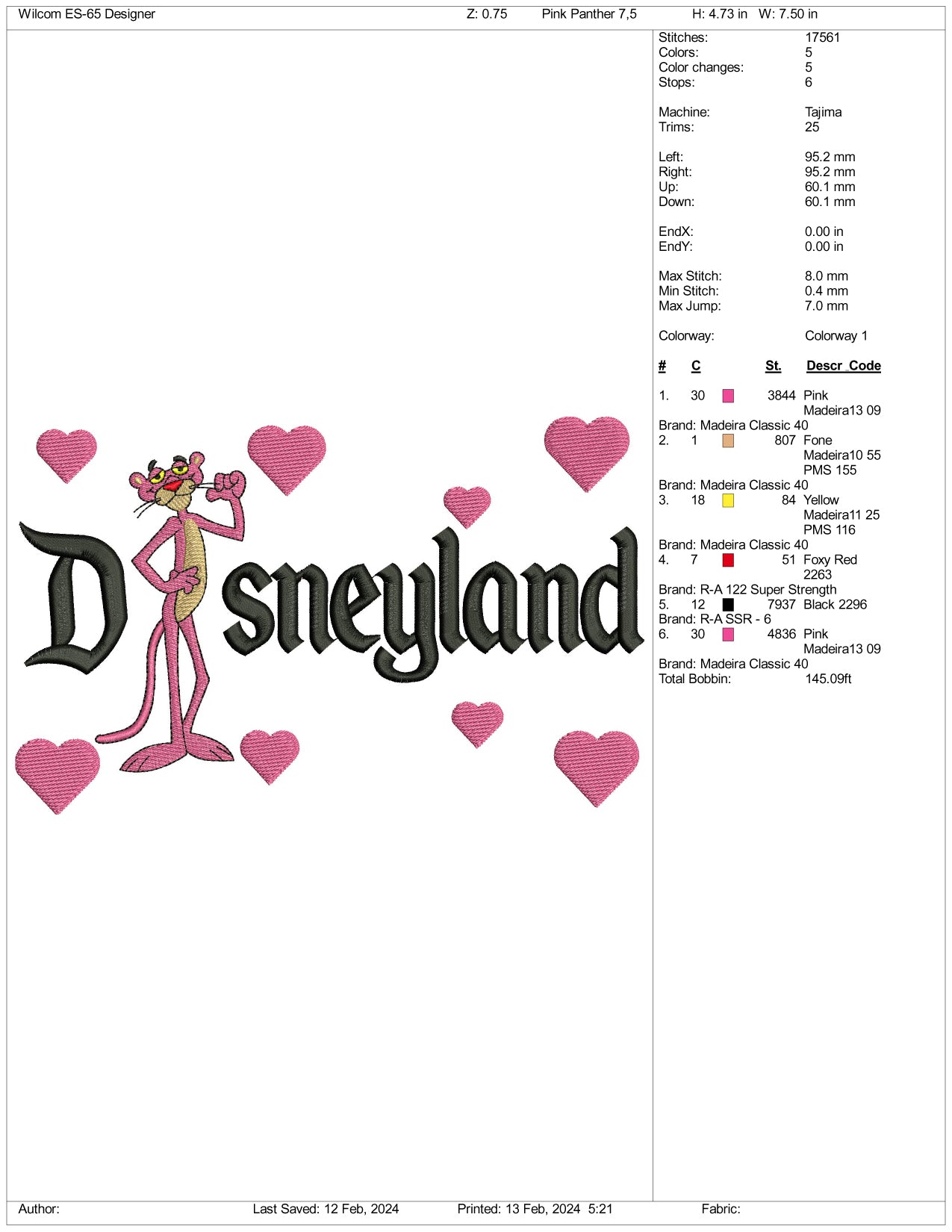 Pink Panther Disneyland Embroidery Design Files - 3 Size's