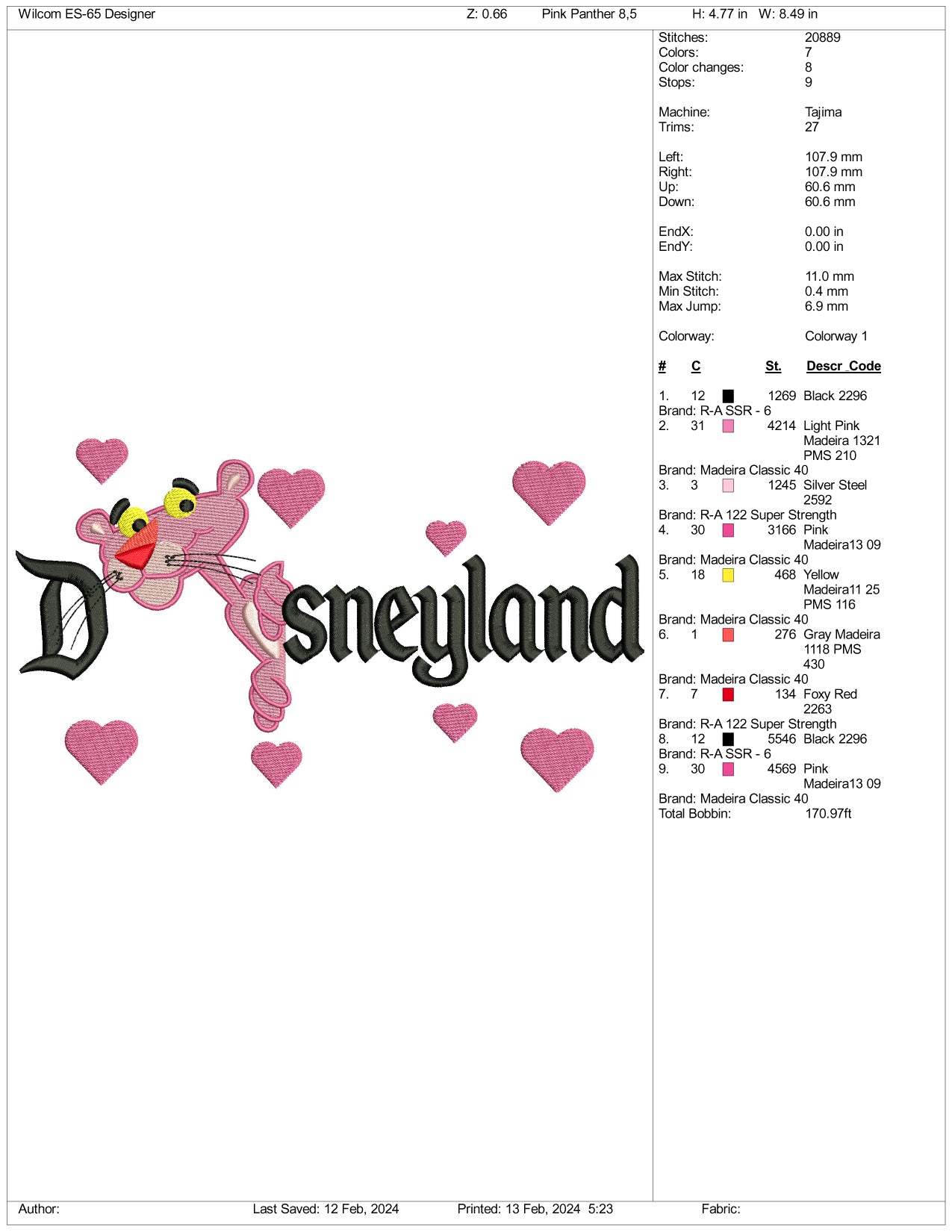 Pink Panther v2 Disneyland Embroidery Design Files - 3 Size's