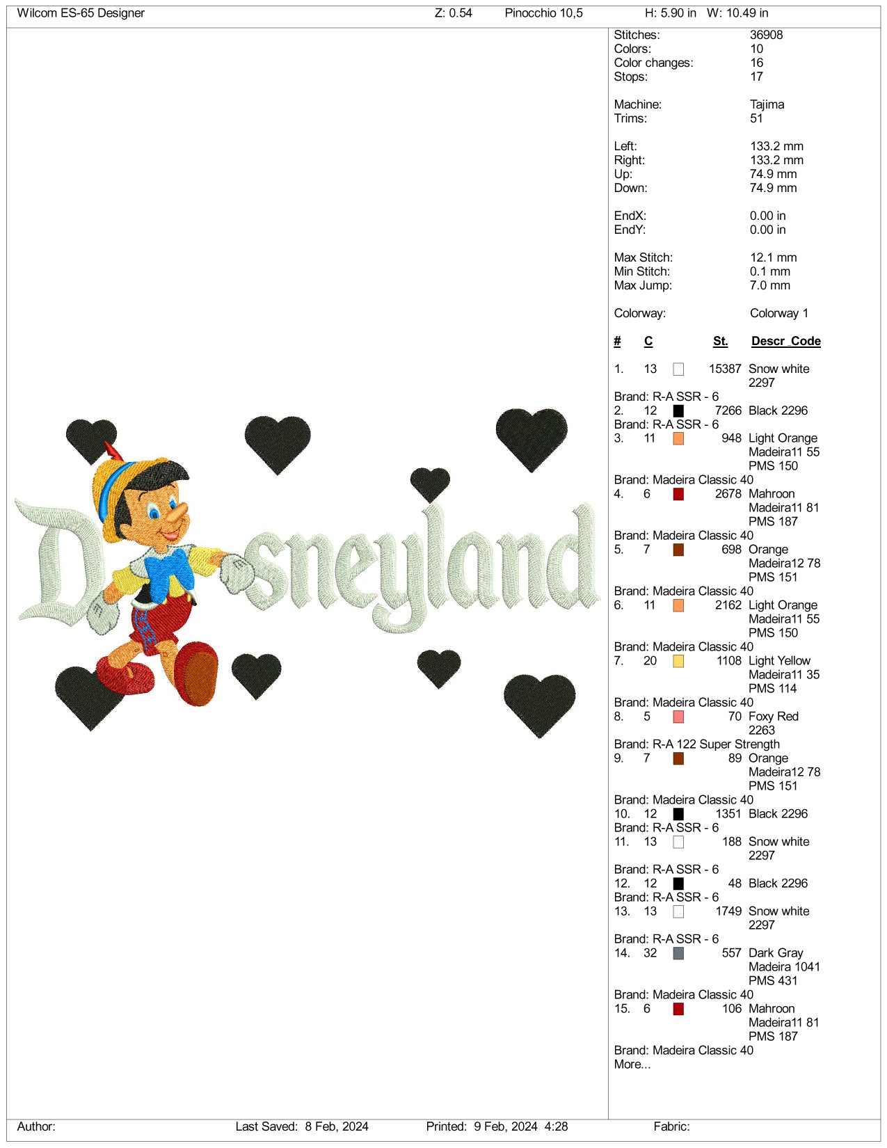 Jiminy Cricket Disneyland Embroidery Design Files - 3 Size's