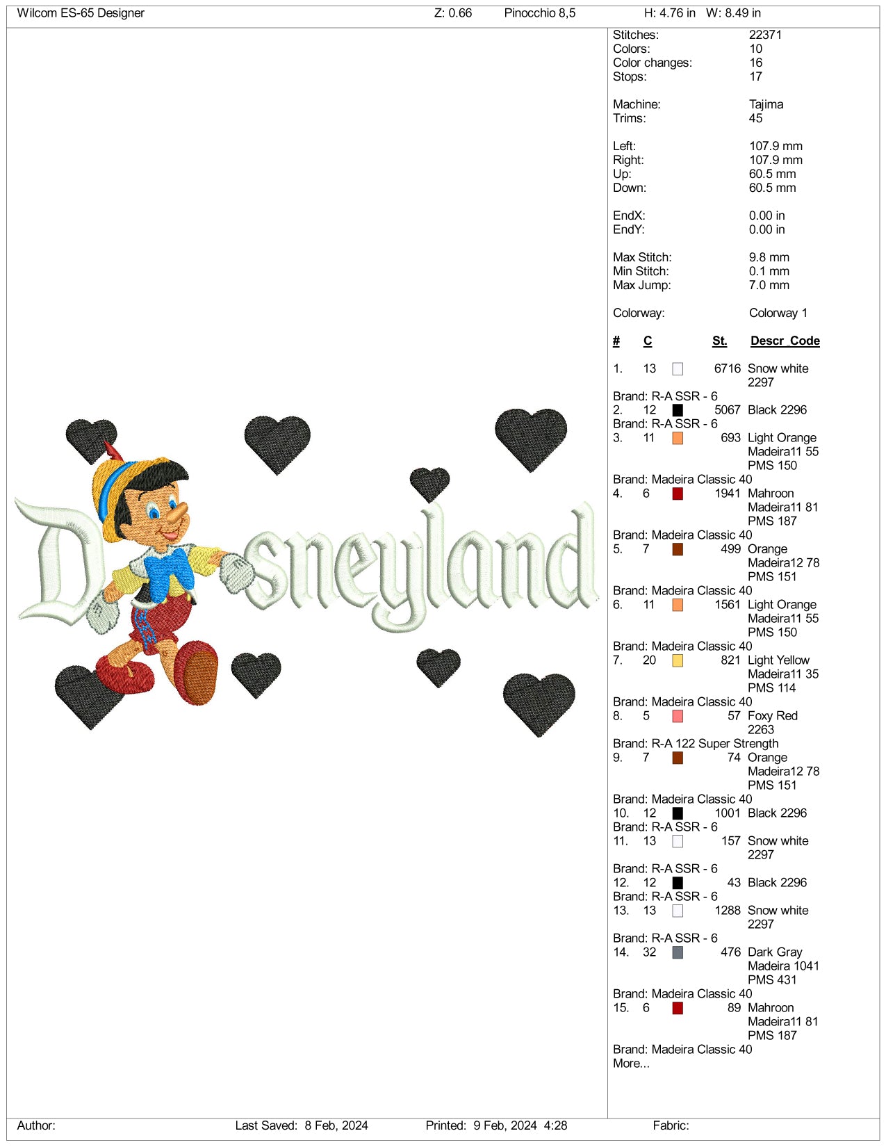 Jiminy Cricket Disneyland Embroidery Design Files - 3 Size's