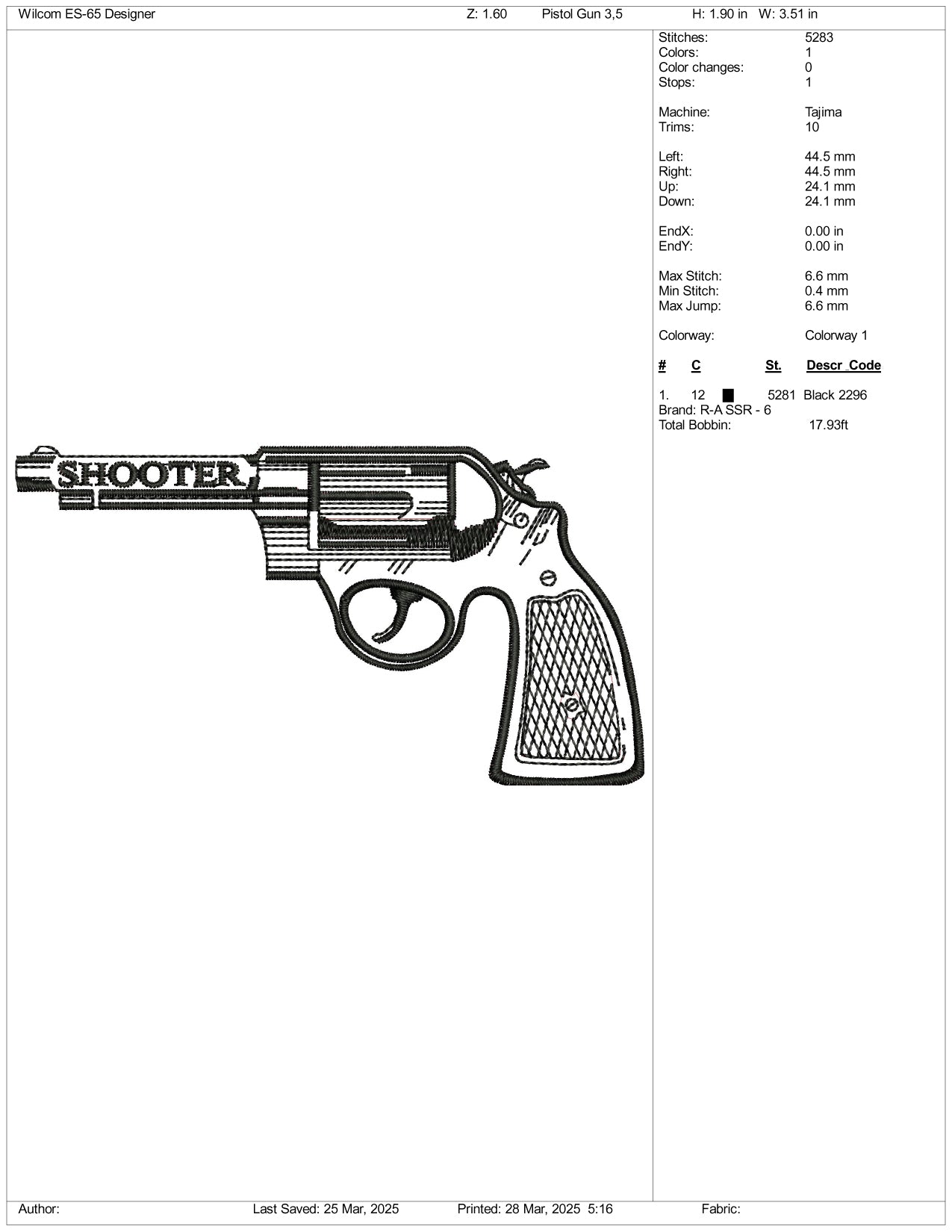 Revolver Gun Embroidery Design Files - 3 Size's