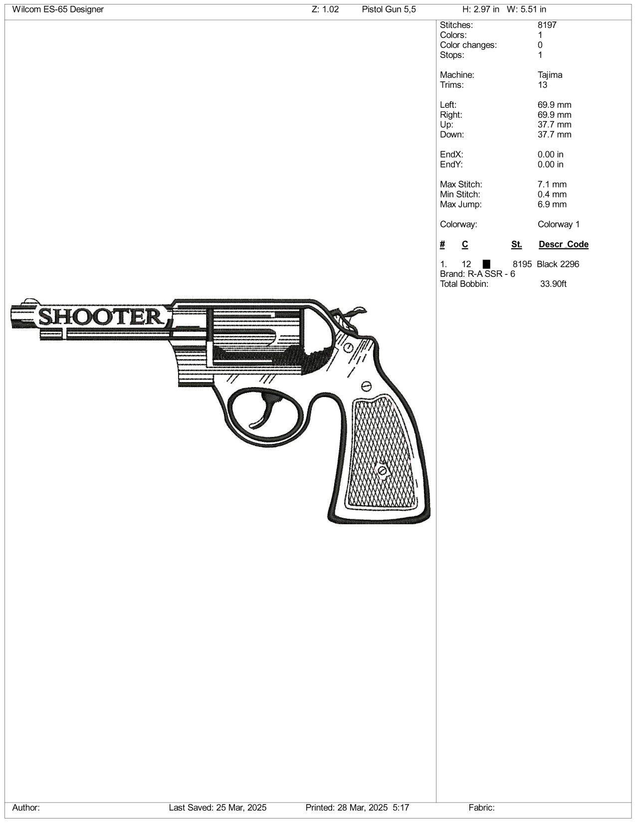 Revolver Gun Embroidery Design Files - 3 Size's