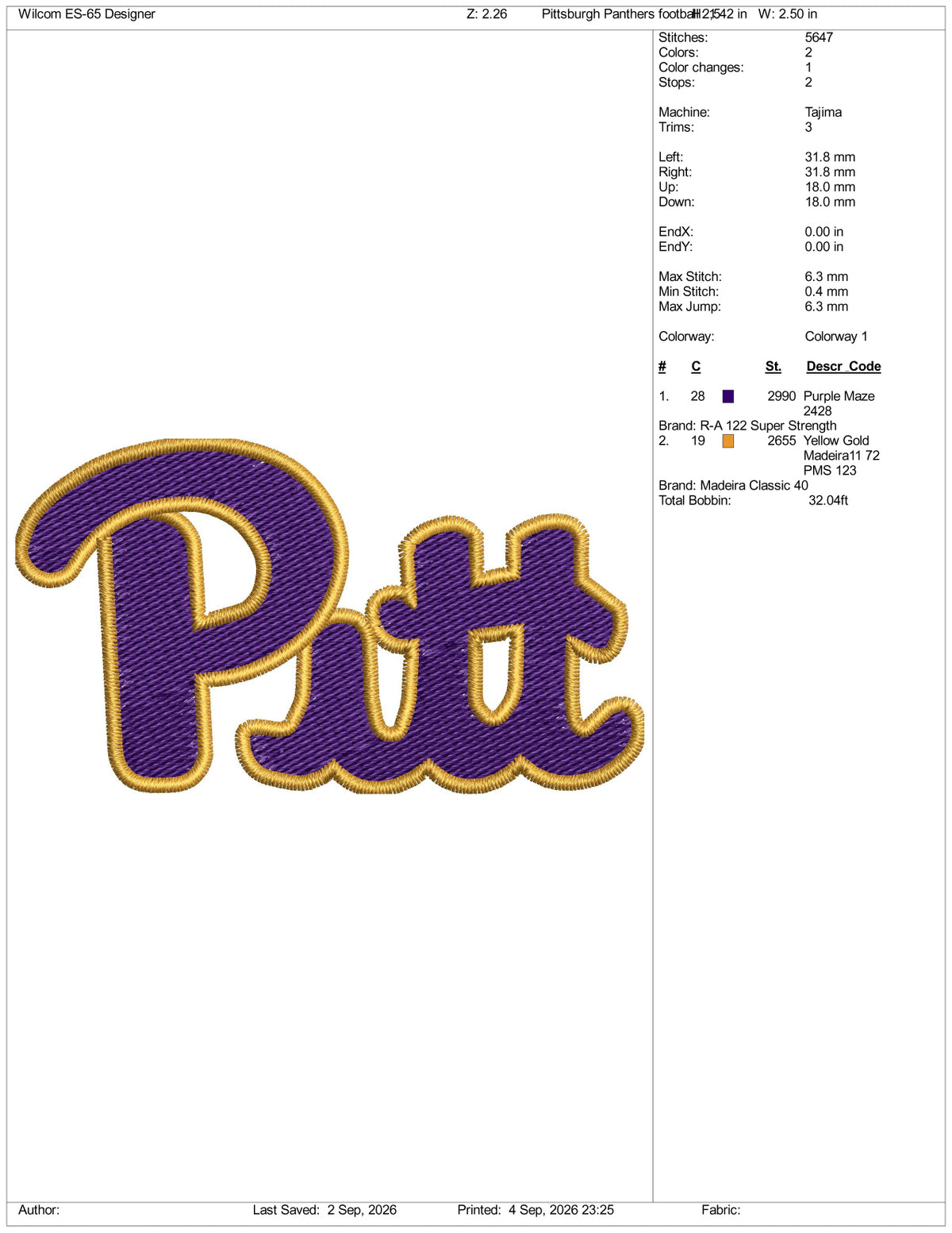 Pittsburgh Panthers Football Logo Embroidery Design Files - 3 Size's