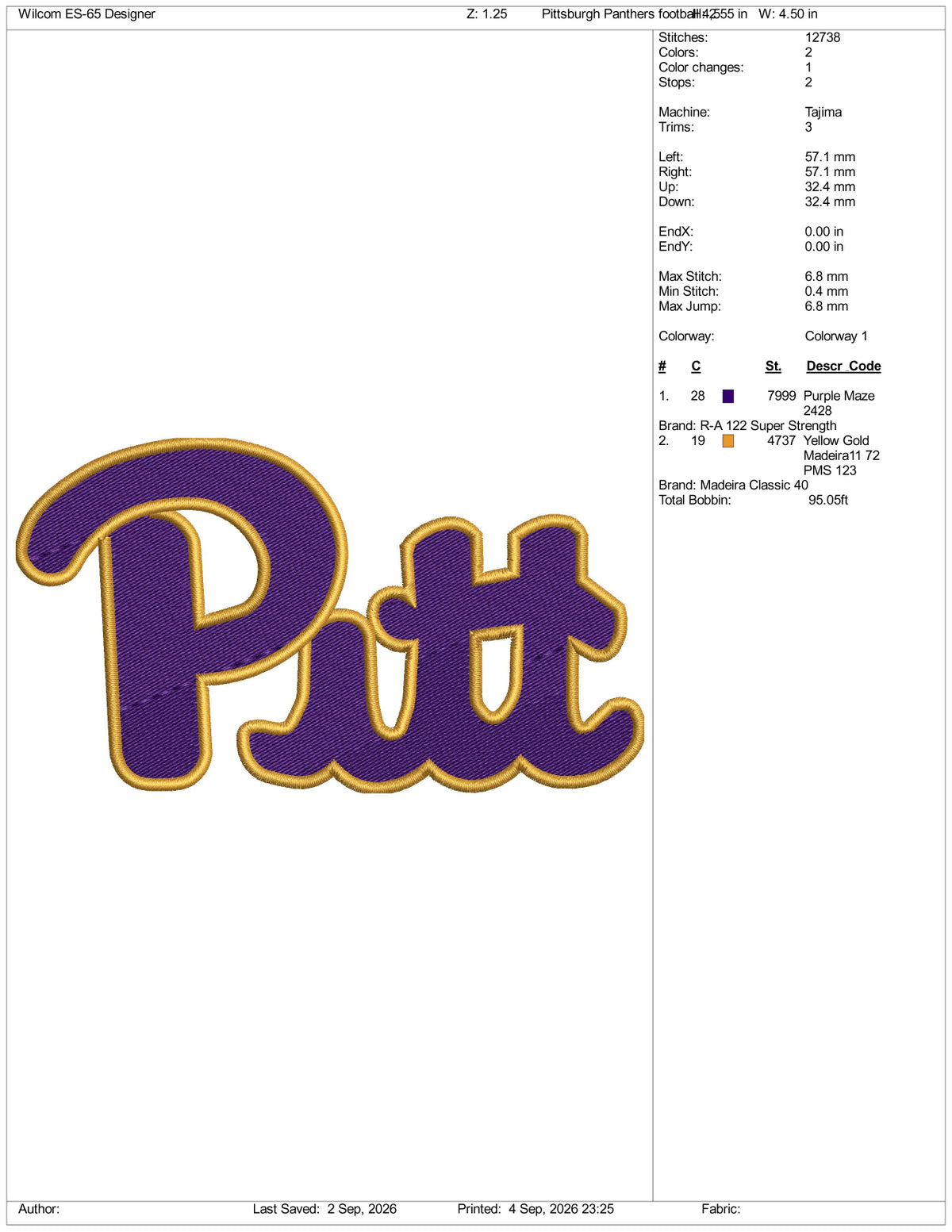 Pittsburgh Panthers Football Logo Embroidery Design Files - 3 Size's